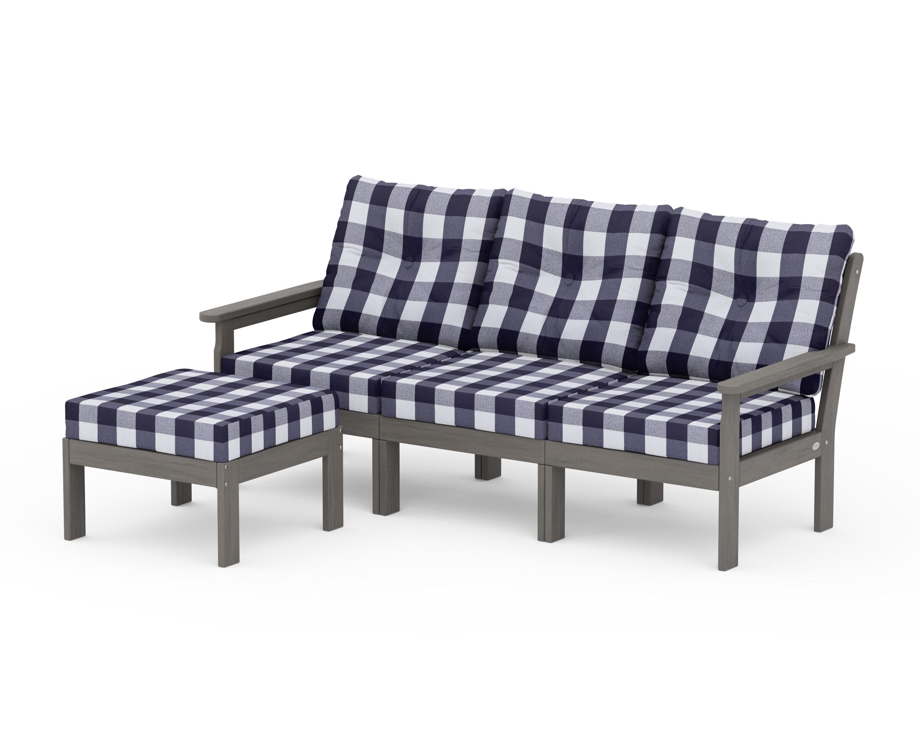 Vineyard 4-Piece Sectional with Ottoman in Driftwood / Buffalo Plaid Navy