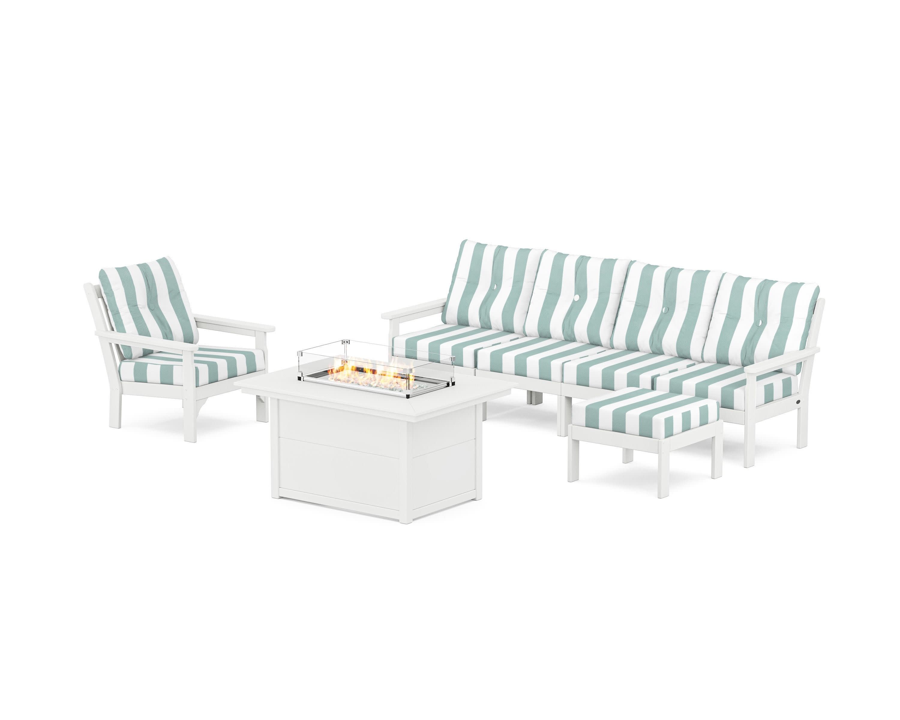 Vineyard Sectional Lounge and Fire Pit Set in White / Cabana Stripe Glacier Spa