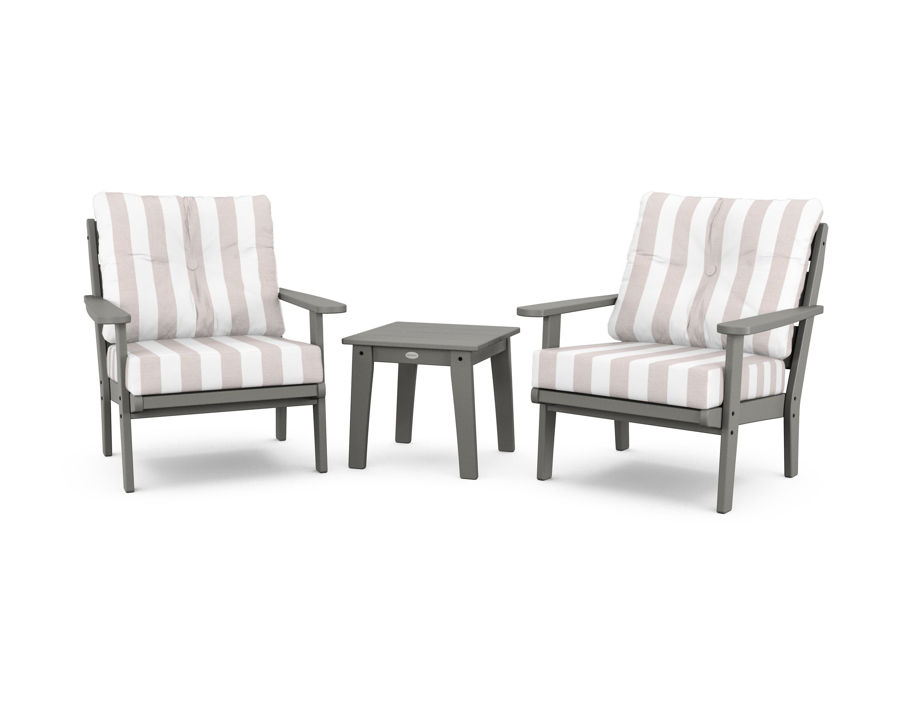 Lakeside 3-Piece Deep Seating Chair Set in Slate Grey / Cabana Stripe Dune Burlap