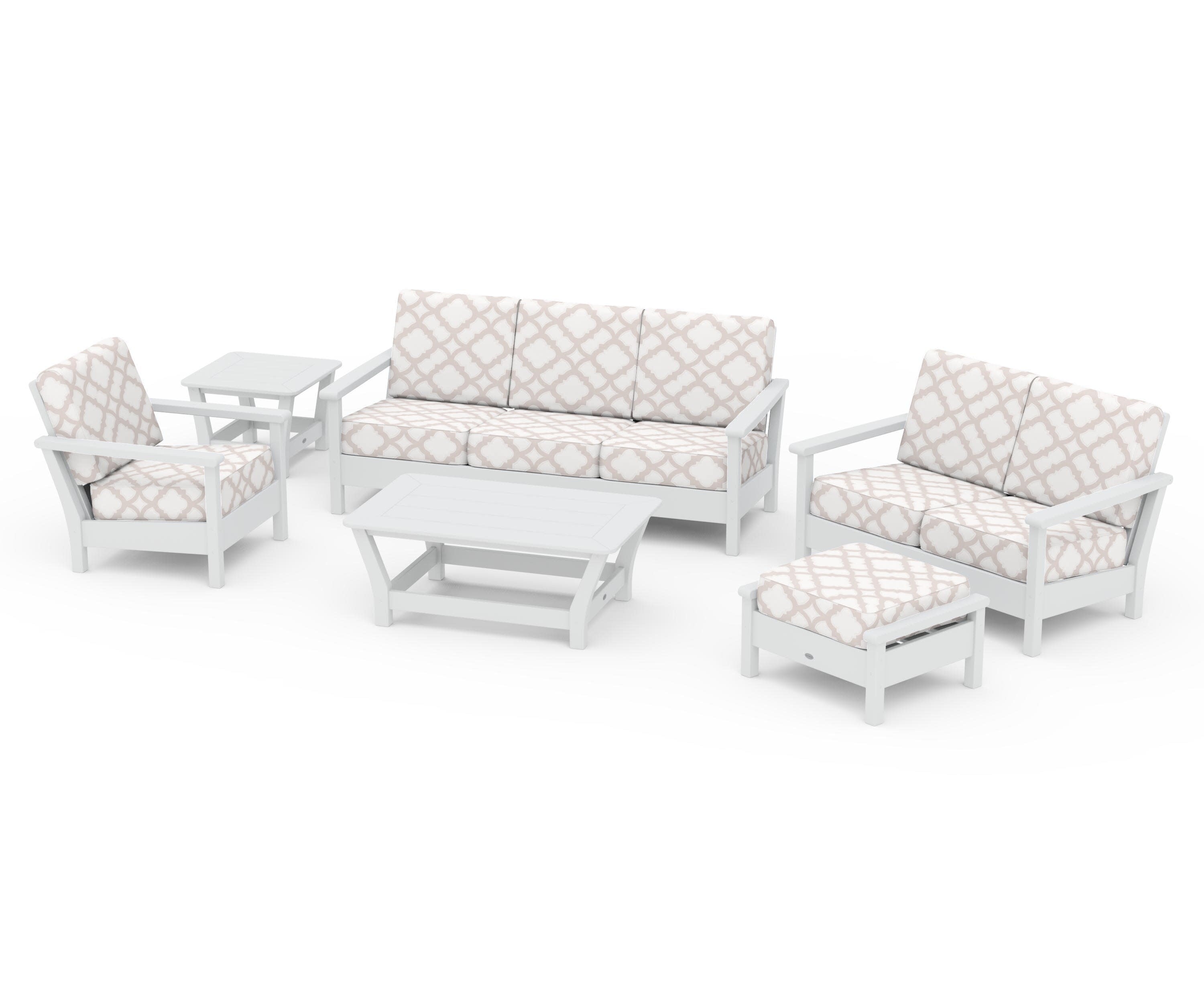 Harbour 6-Piece Outdoor Living Set in White / Trellis Dune Burlap