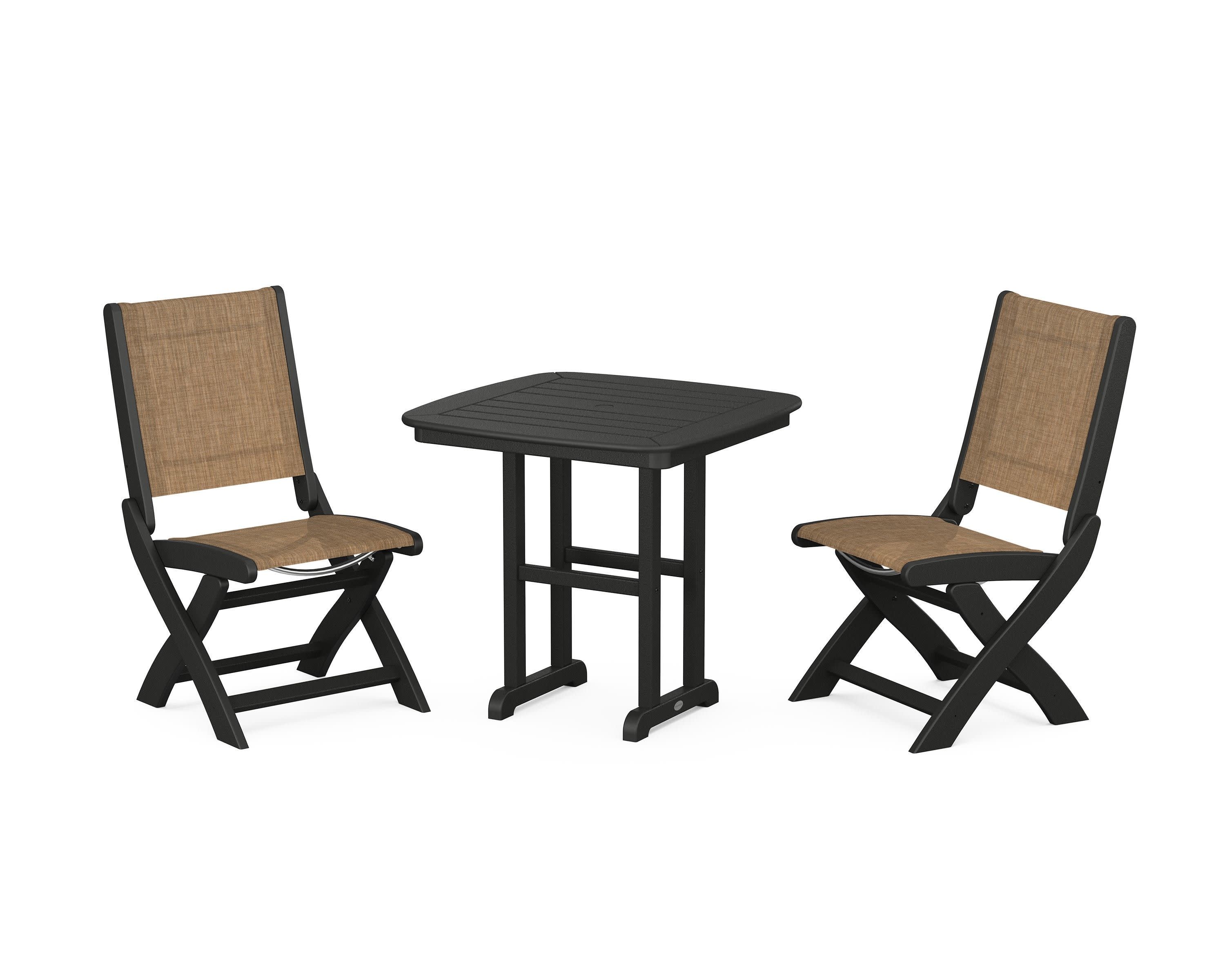 Coastal Folding Side Chair 3-Piece Dining Set in Black / Burlap Sling