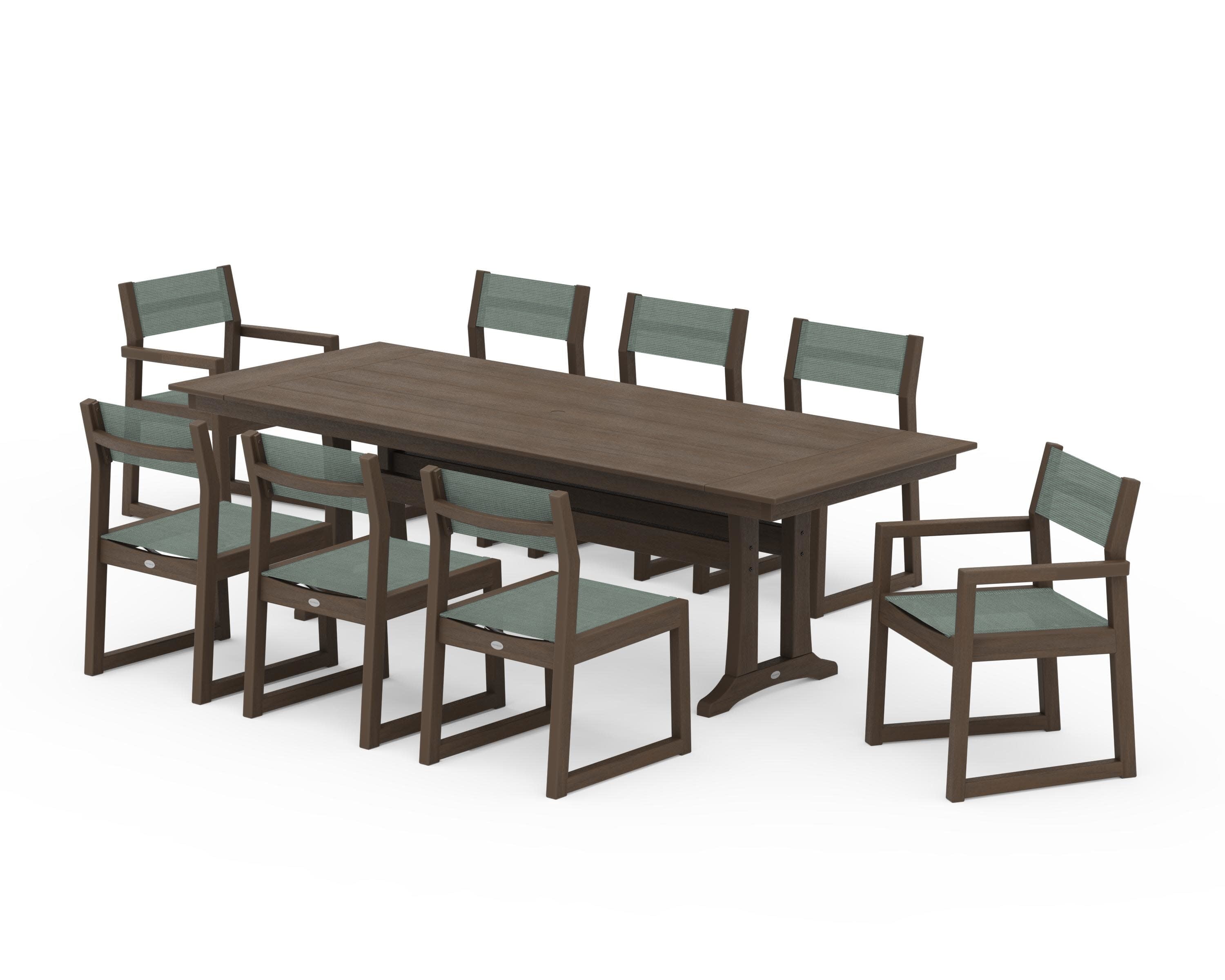 EDGE Sling 9-Piece Farmhouse Trestle Dining Set in Kona / Dupioni Sea Mist Sling