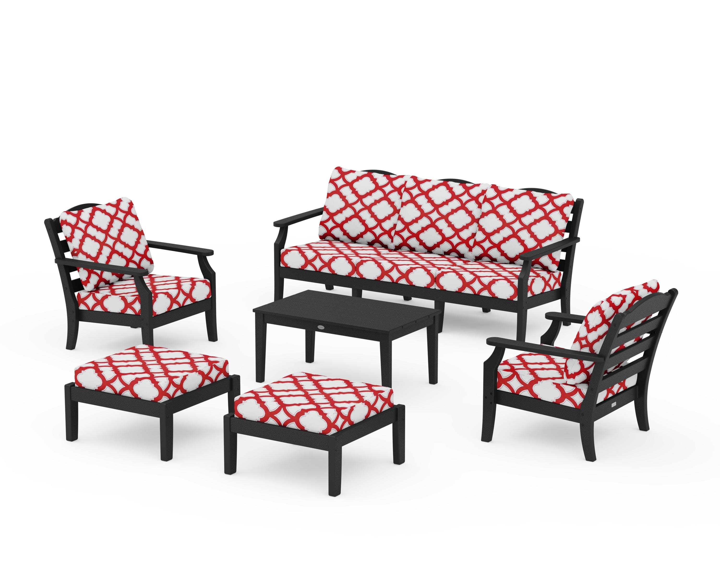 Savannah 6-Piece Lounge Sofa Set in Black / Trellis Crimson
