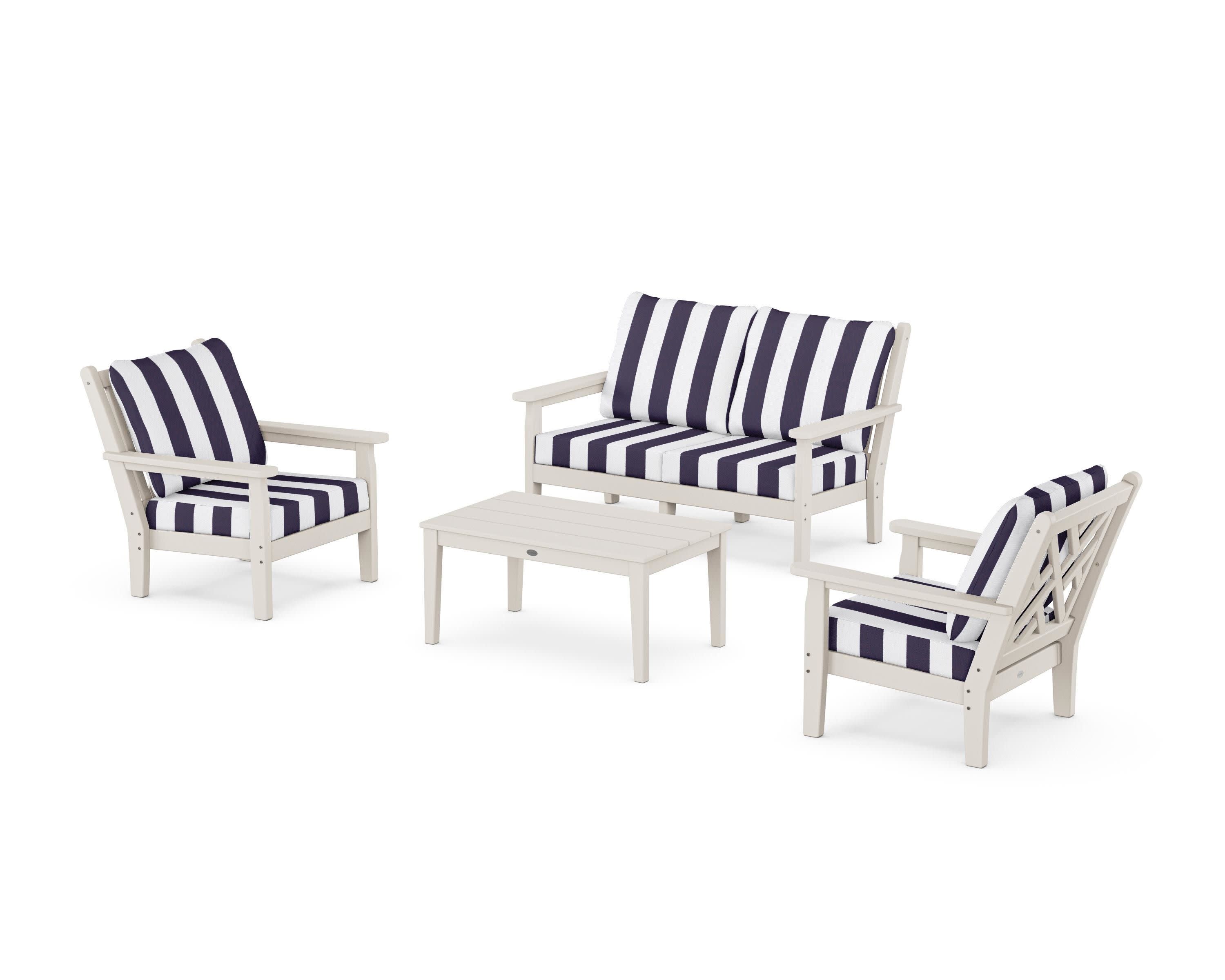Chippendale 4-Piece Deep Seating Set with Loveseat in Sand / Cabana Stripe Navy