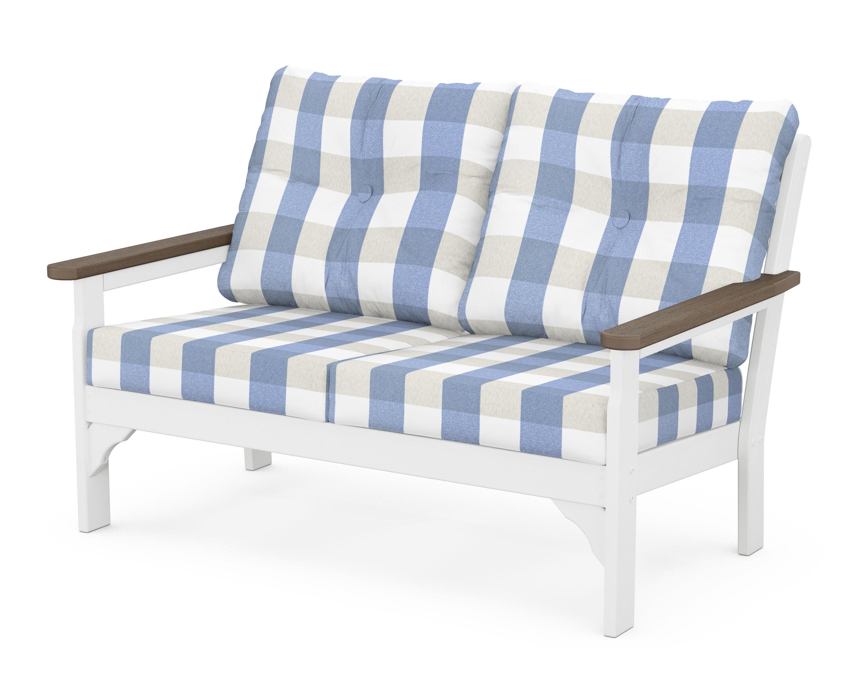 Vineyard Deep Seating Loveseat in White / Kona / Buffalo Plaid Sky Blue