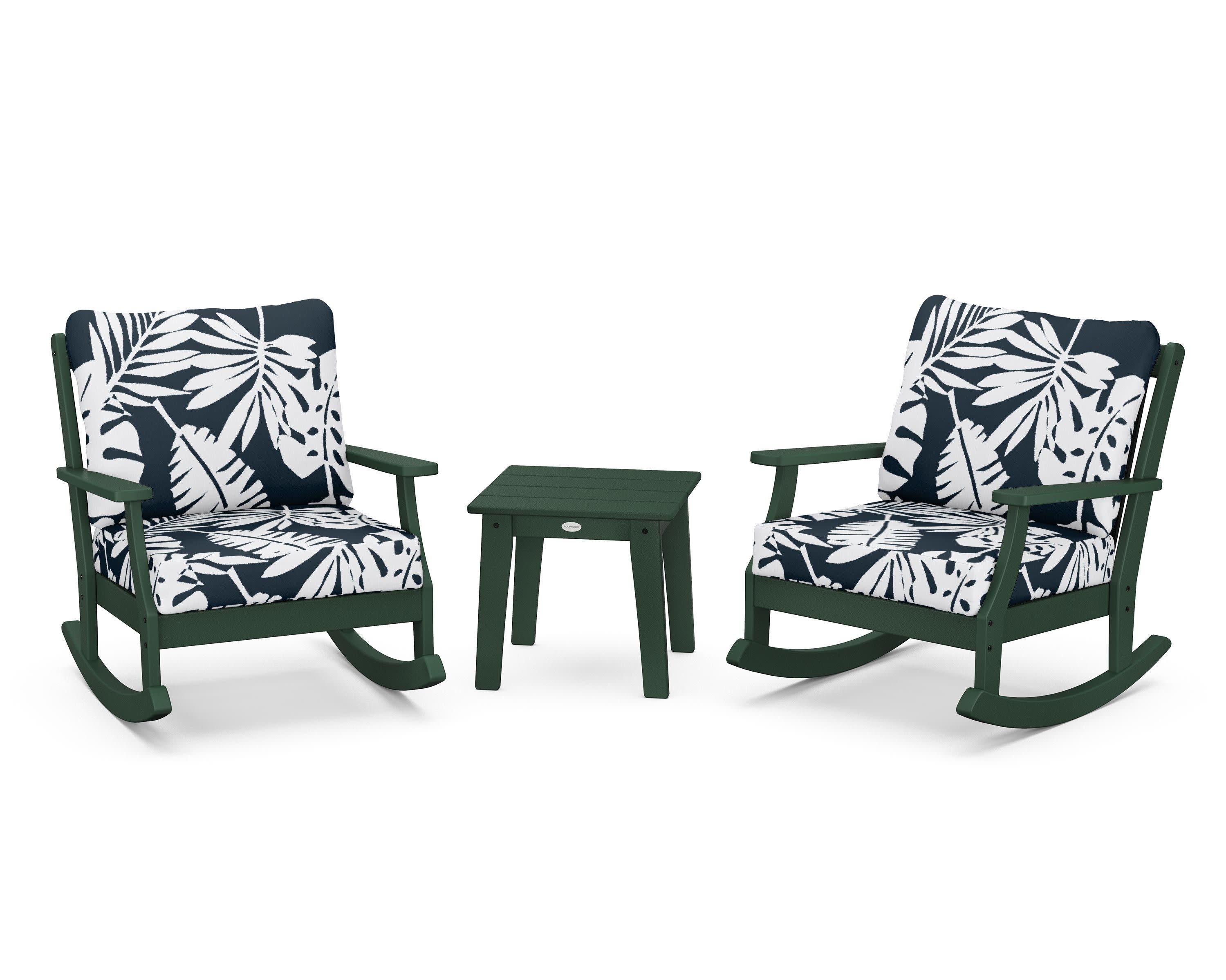 Braxton 3-Piece Deep Seating Rocker Set in Green / Leaf Marine Indigo