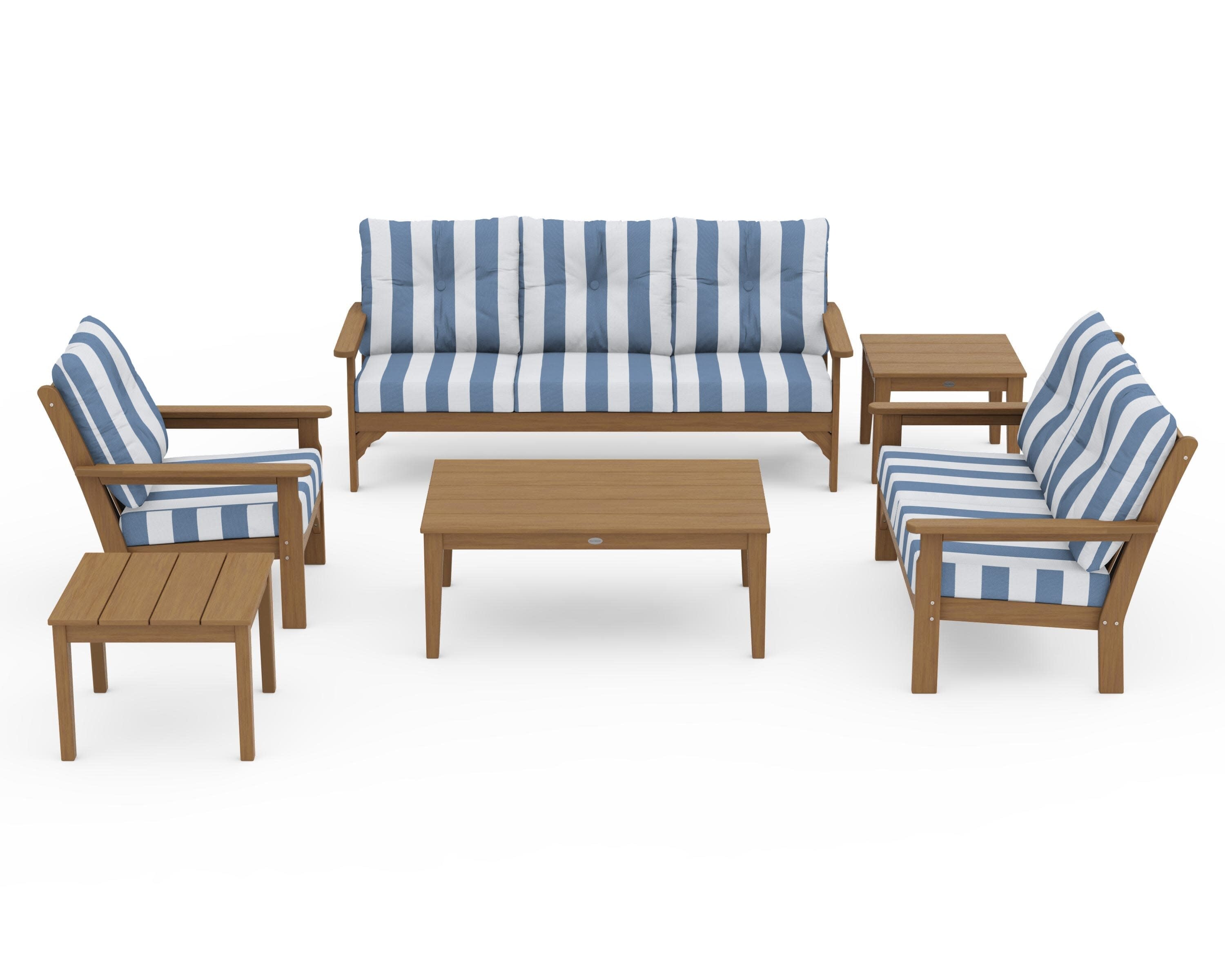 Vineyard 6-Piece Deep Seating Set in Natural / Cabana Stripe Sky Blue