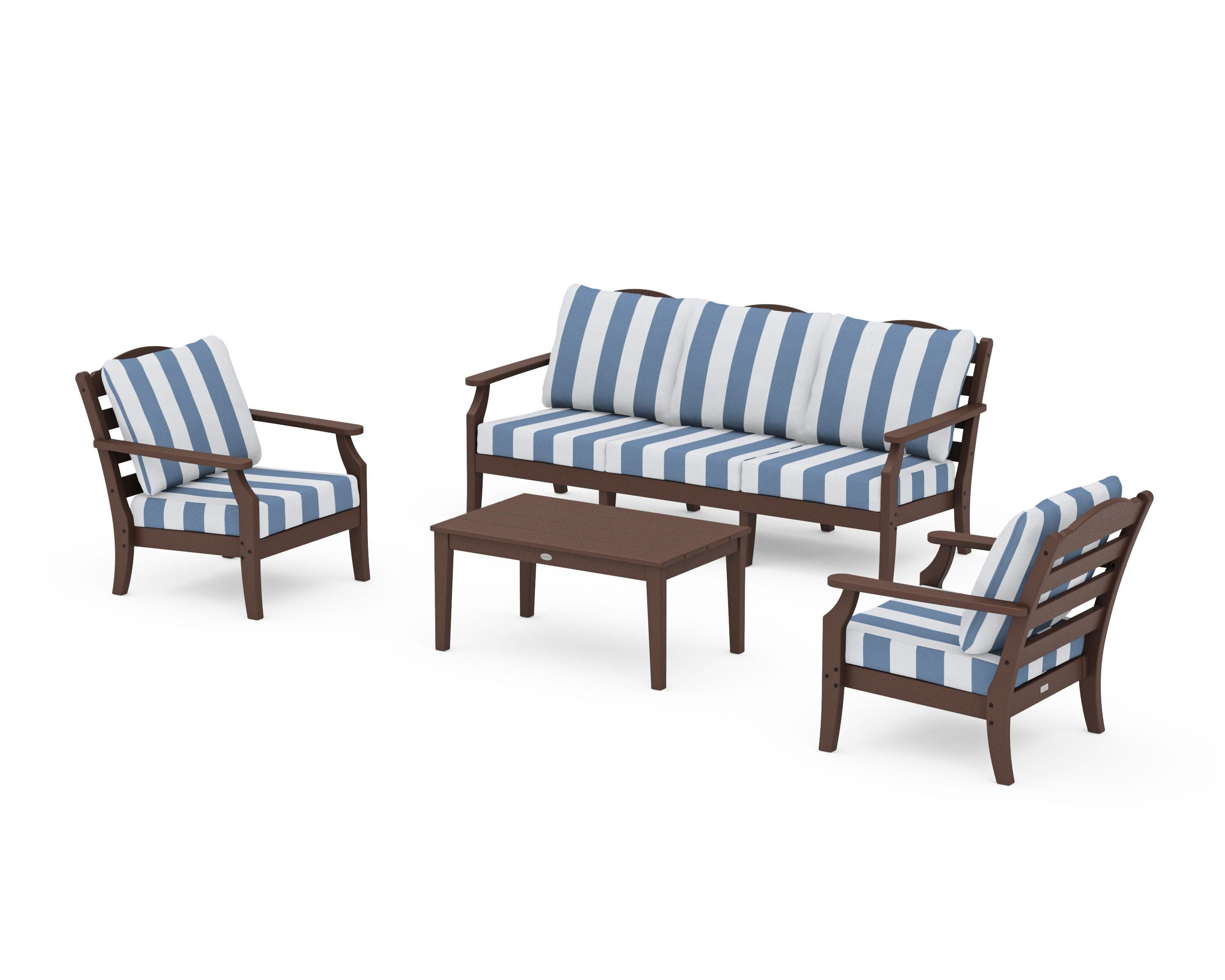Savannah 4-Piece Deep Seating Set with Sofa in Mahogany / Cabana Stripe Sky Blue