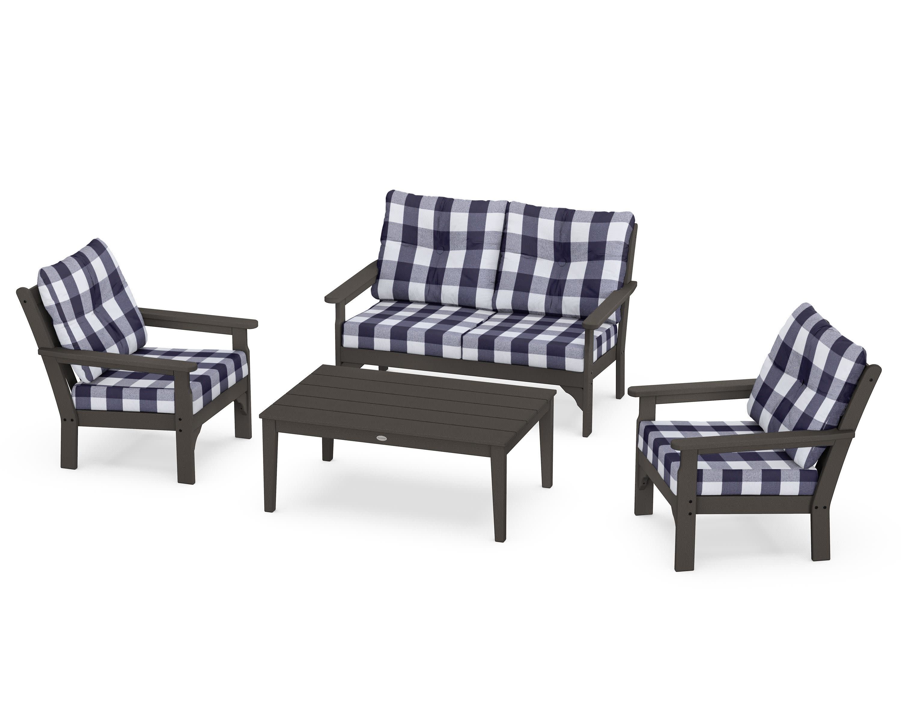 Vineyard 4-Piece Deep Seating Set in Vintage Coffee / Buffalo Plaid Navy