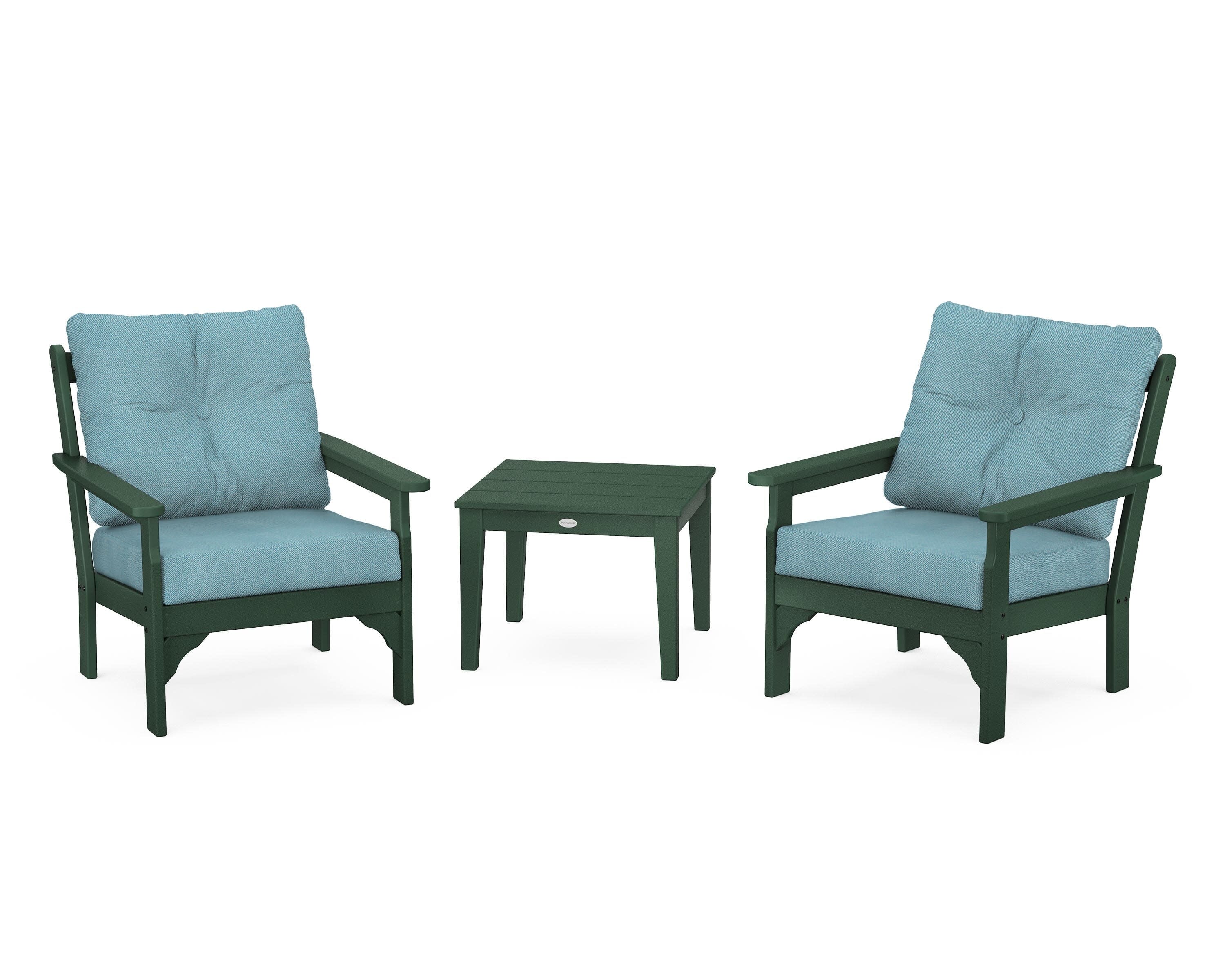 Vineyard 3-Piece Deep Seating Set in Green / Lattice Sky Blue