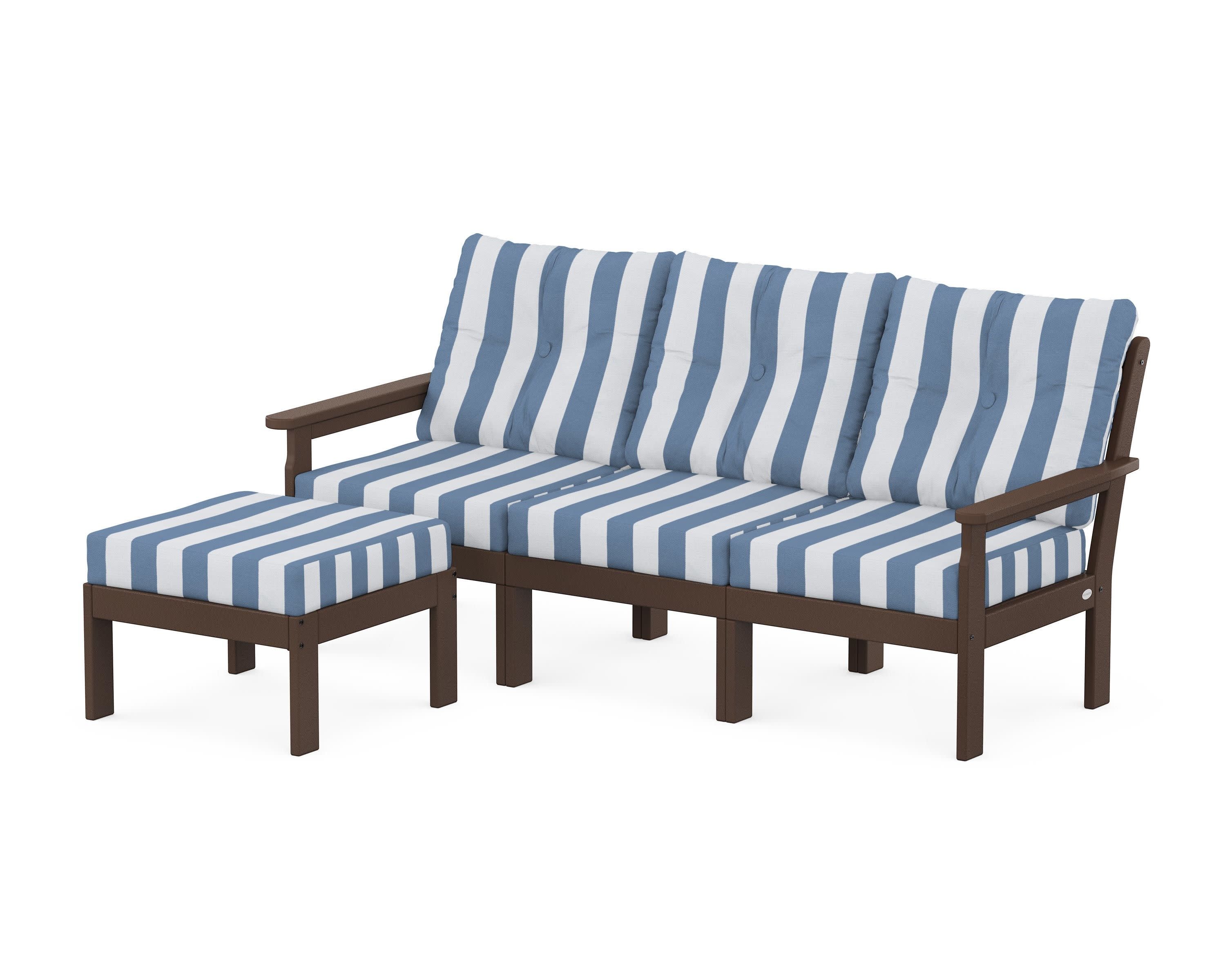 Vineyard 4-Piece Sectional with Ottoman in Mahogany / Cabana Stripe Sky Blue