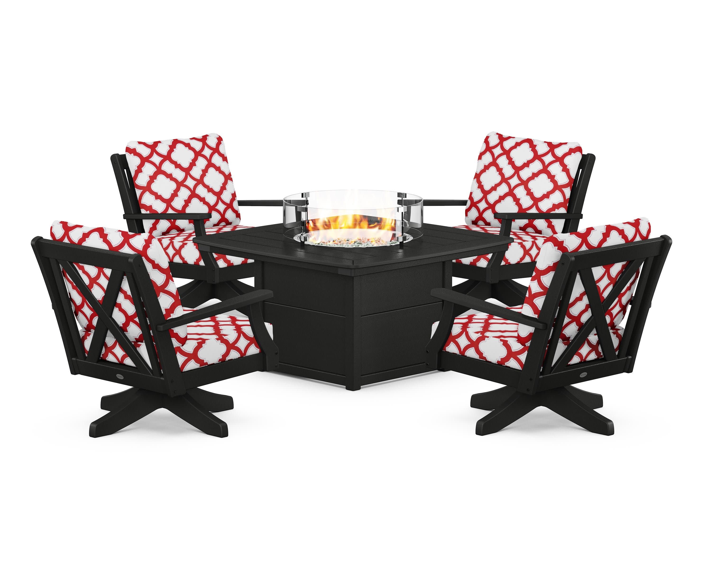 Braxton 5-Piece Deep Seating Swivel Conversation Set with Fire Pit Table in Black / Trellis Crimson