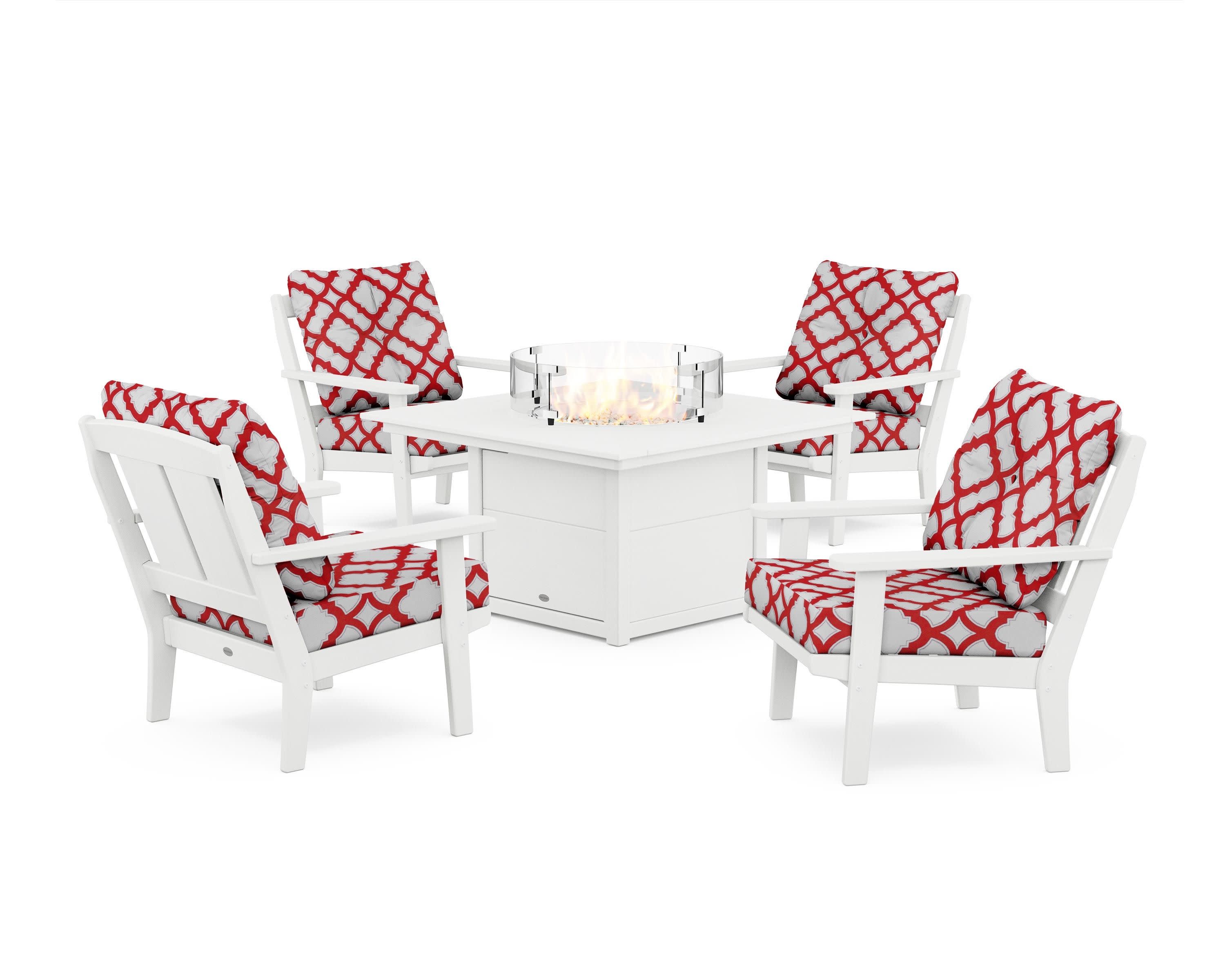 Mission 5-Piece Deep Seating Set with Fire Pit Table in White / Trellis Crimson