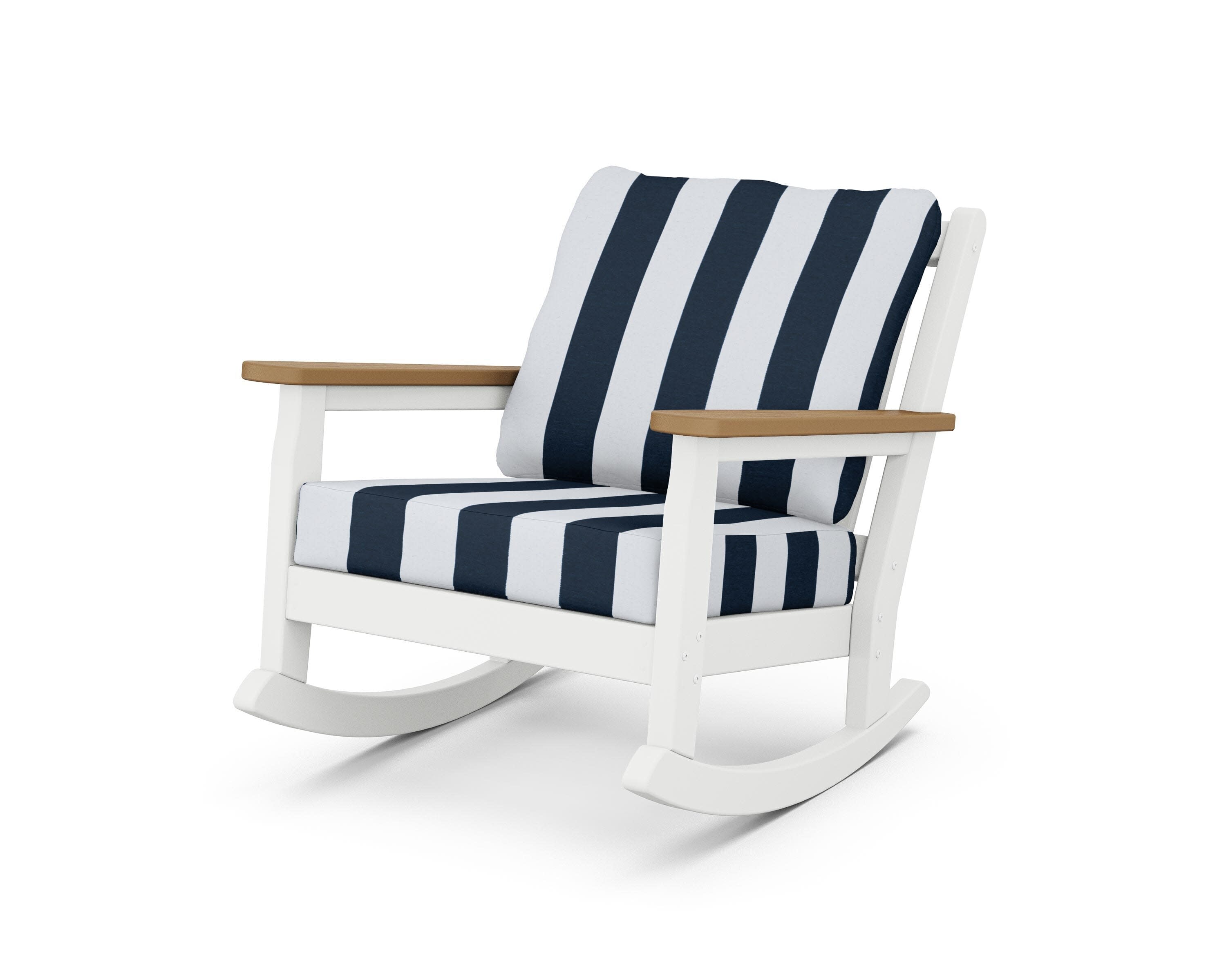 Chippendale Deep Seating Rocking Chair in White / Natural / Cabana Stripe Marine Indigo