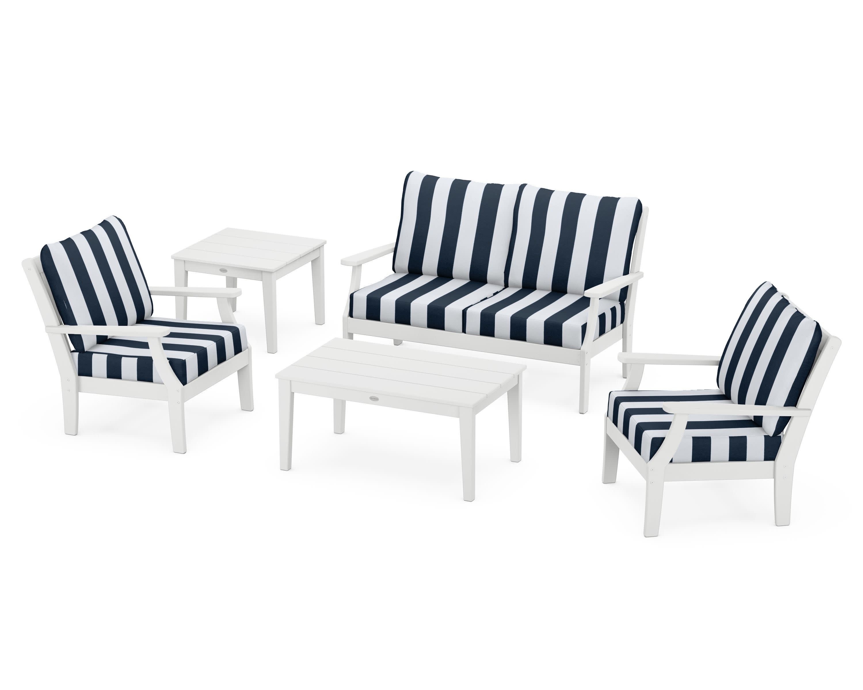 Braxton 5-Piece Deep Seating Set in White / Cabana Stripe Marine Indigo