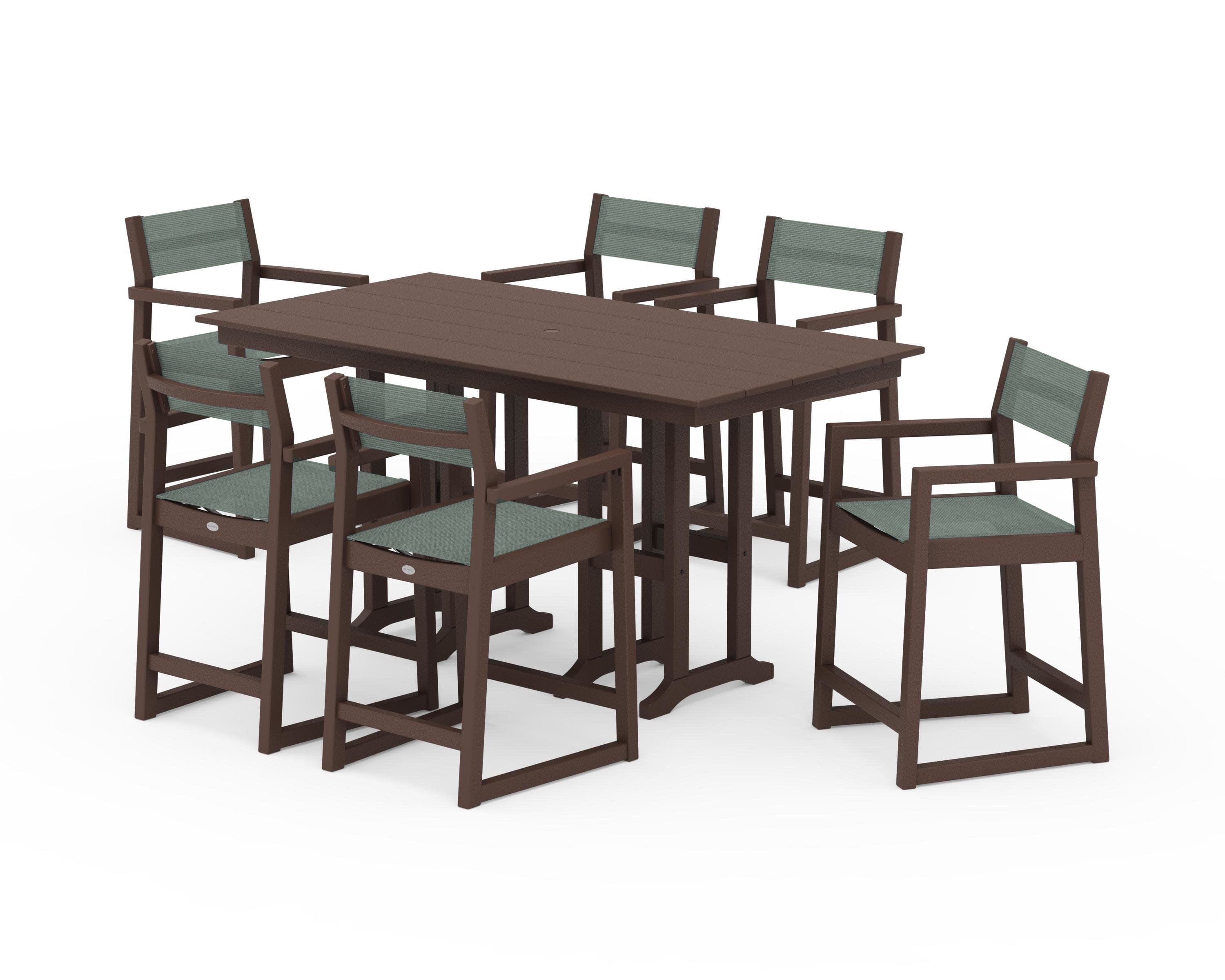 EDGE Sling Arm Chair 7-Piece Farmhouse Counter Set in Mahogany / Dupioni Sea Mist Sling