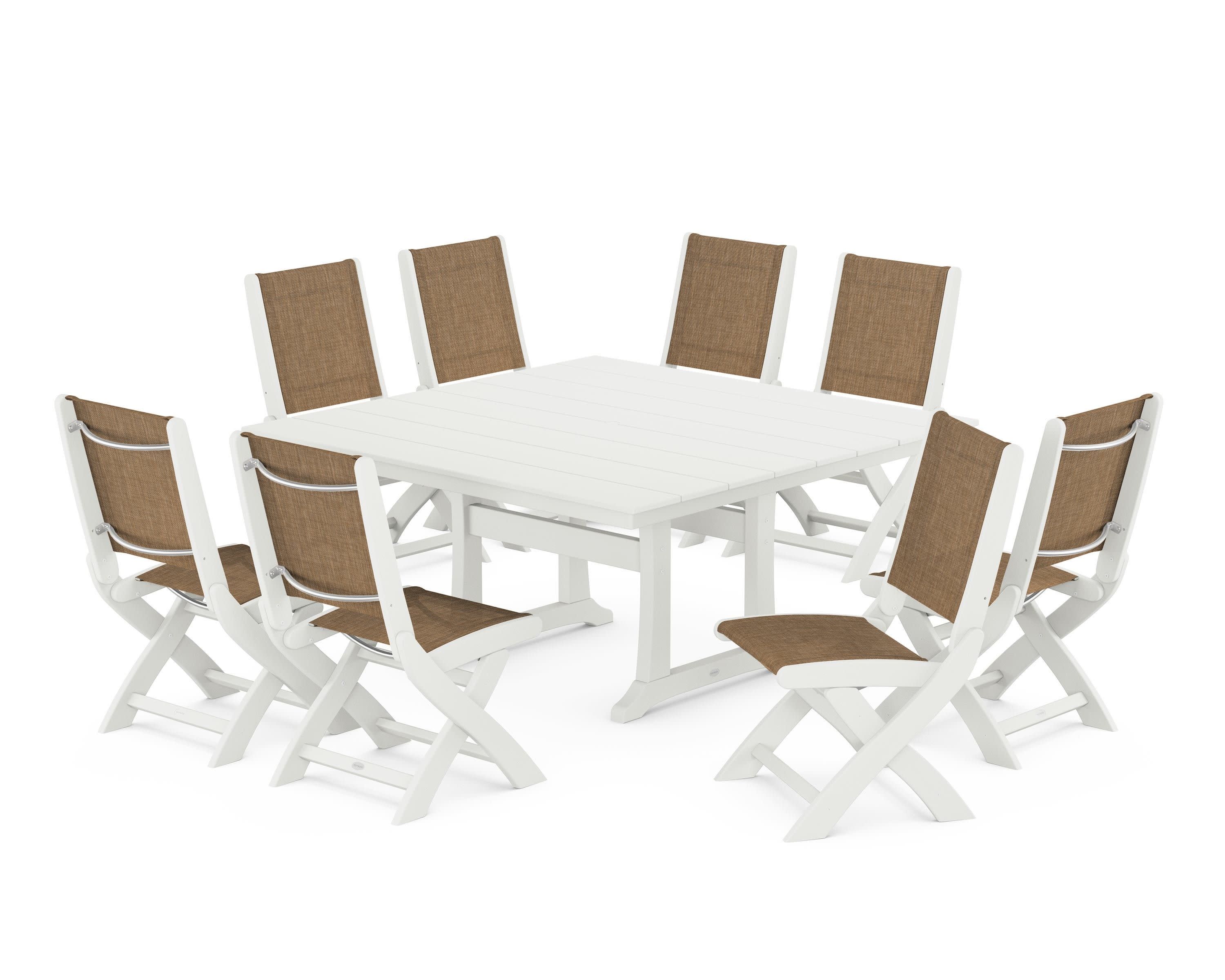 Coastal Folding Side Chair 9-Piece Farmhouse Dining Set in Vintage White / Burlap Sling