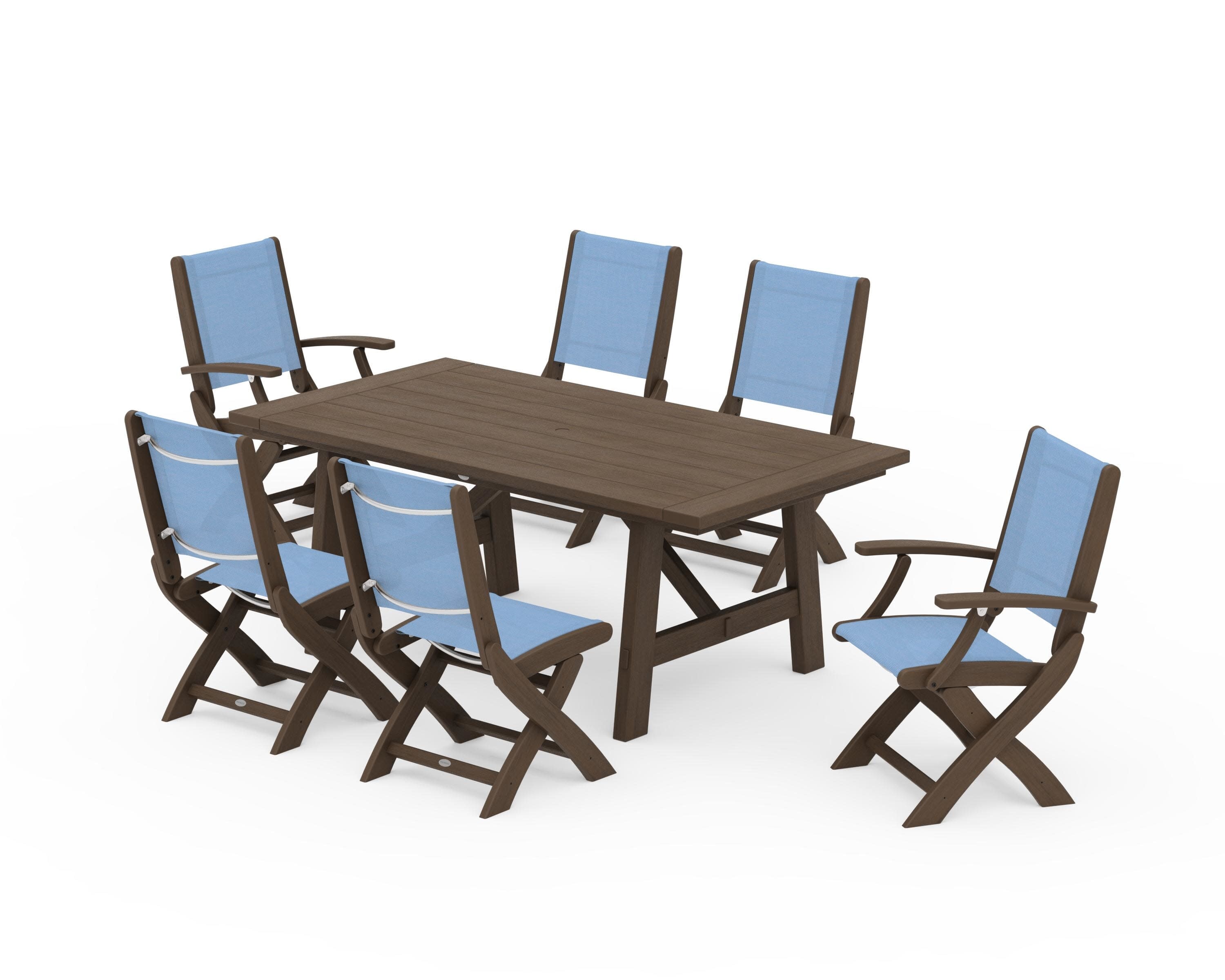 Coastal Folding Chair 7-Piece Rustic Farmhouse Dining Set in Kona / Poolside Sling
