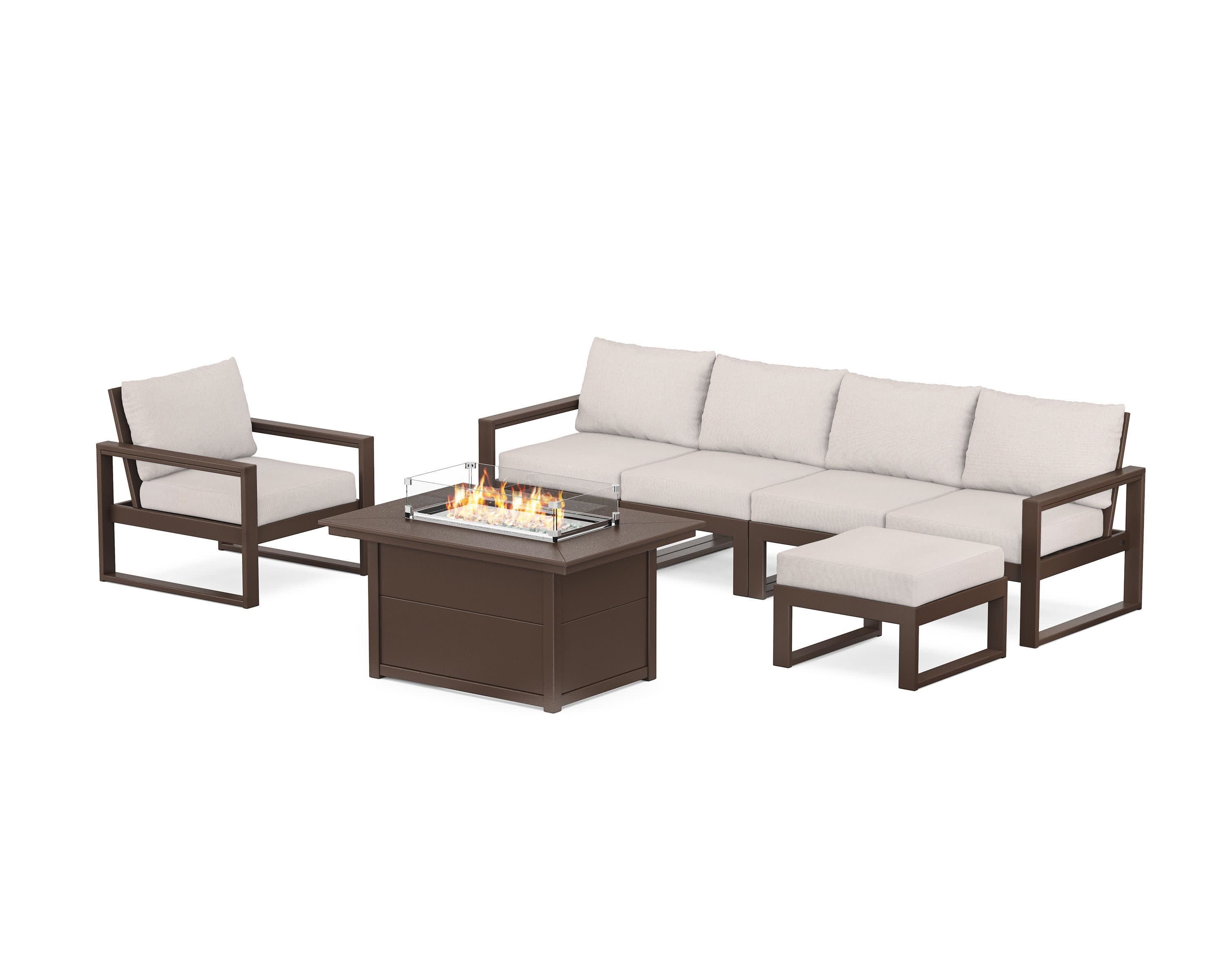 EDGE Sectional Lounge and Fire Pit Set in Mahogany / Dune Burlap