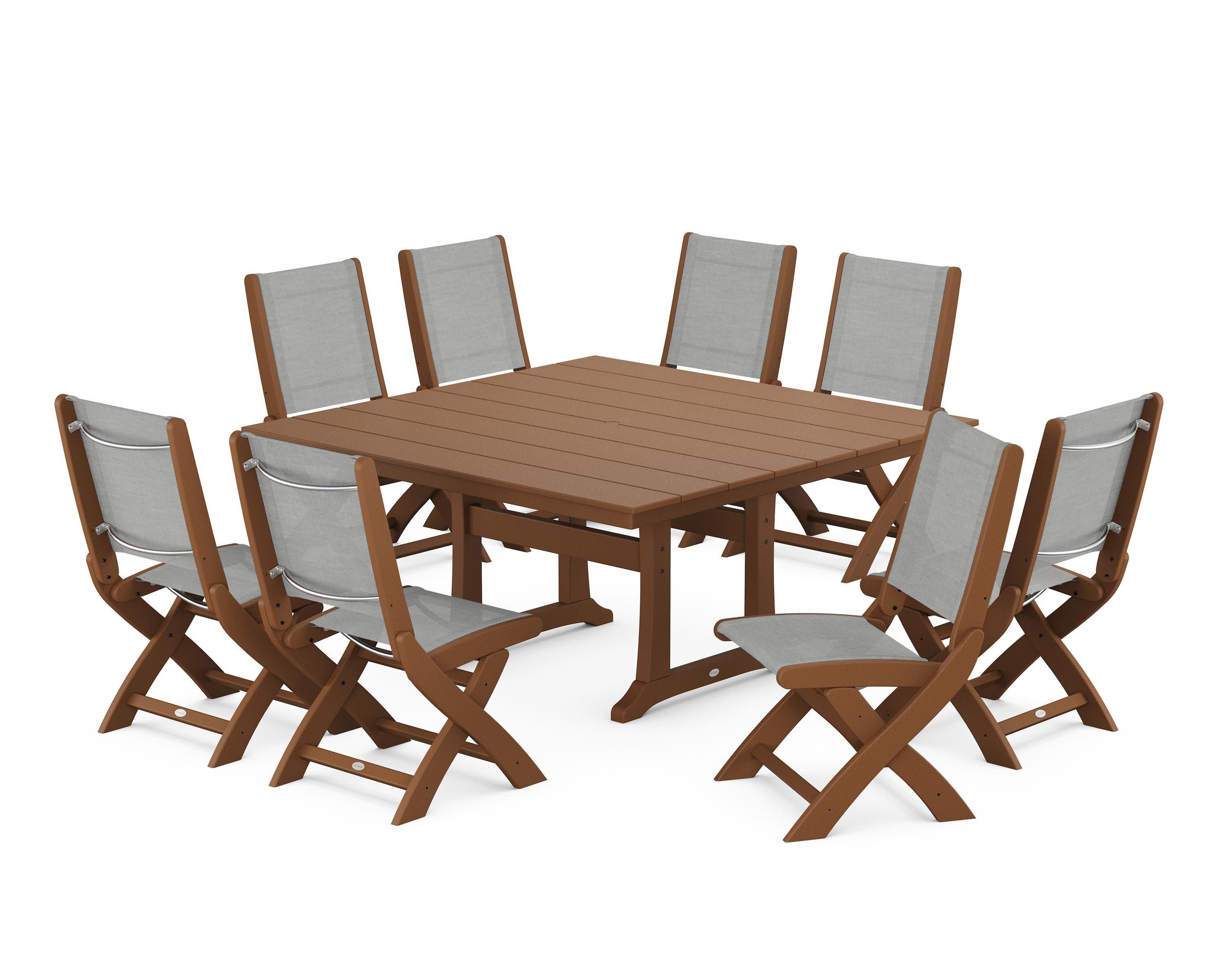 Coastal Folding Side Chair 9-Piece Farmhouse Dining Set in Teak / Metallic Sling