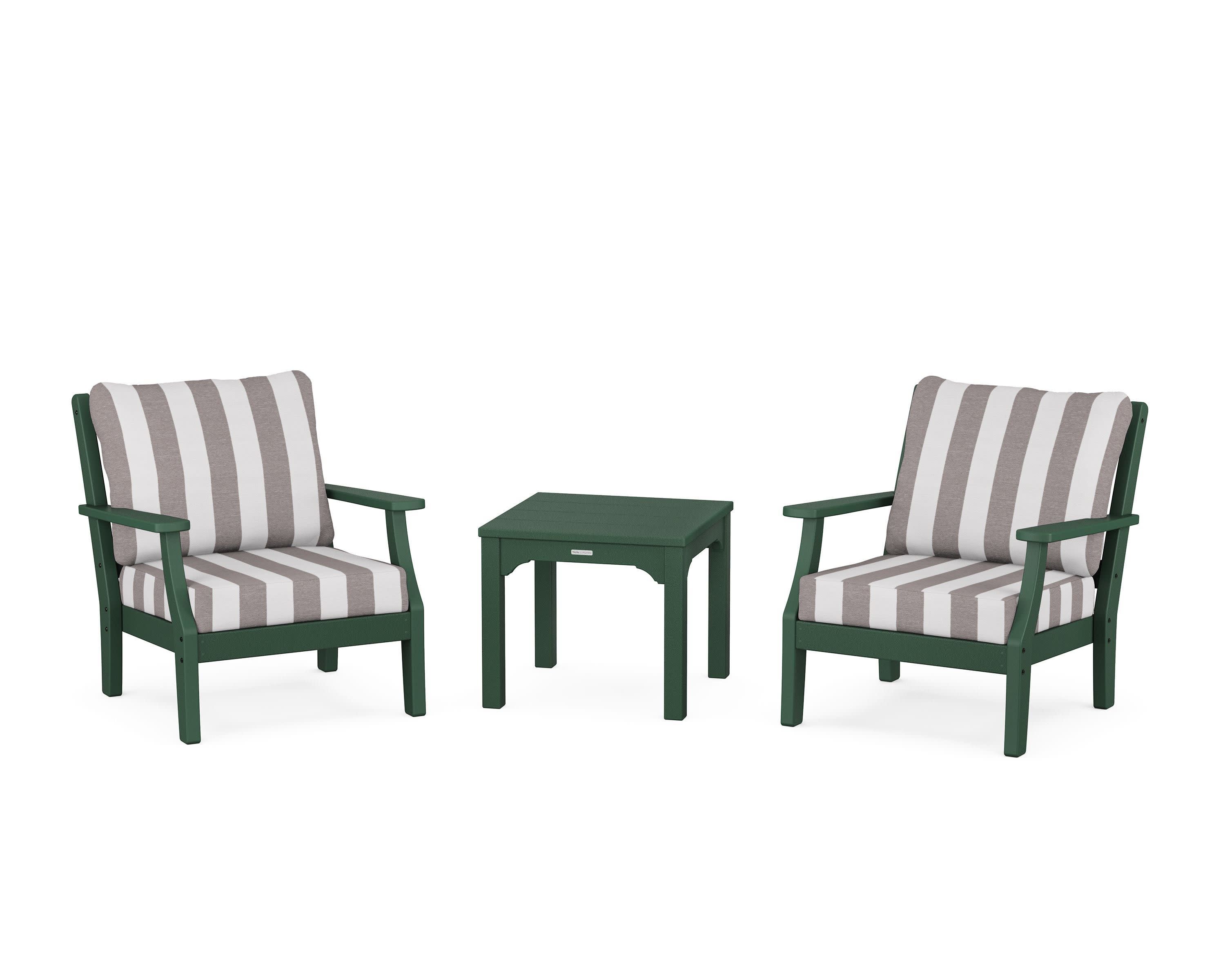 Chinoiserie 3-Piece Deep Seating Set in Green / Cabana Stripe Grey Mist