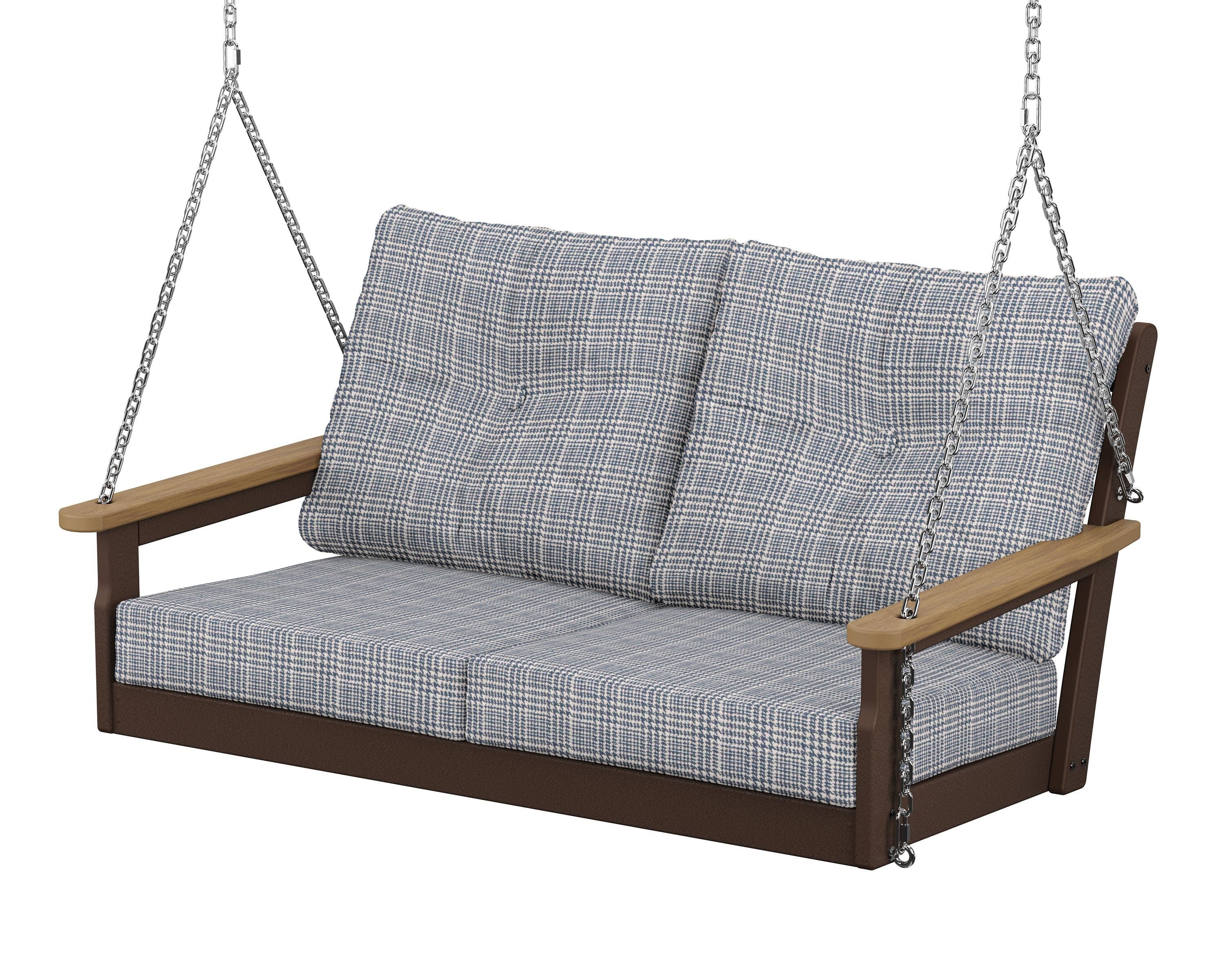Vineyard Deep Seating Swing in Mahogany / Natural / Houndstooth Sky Blue