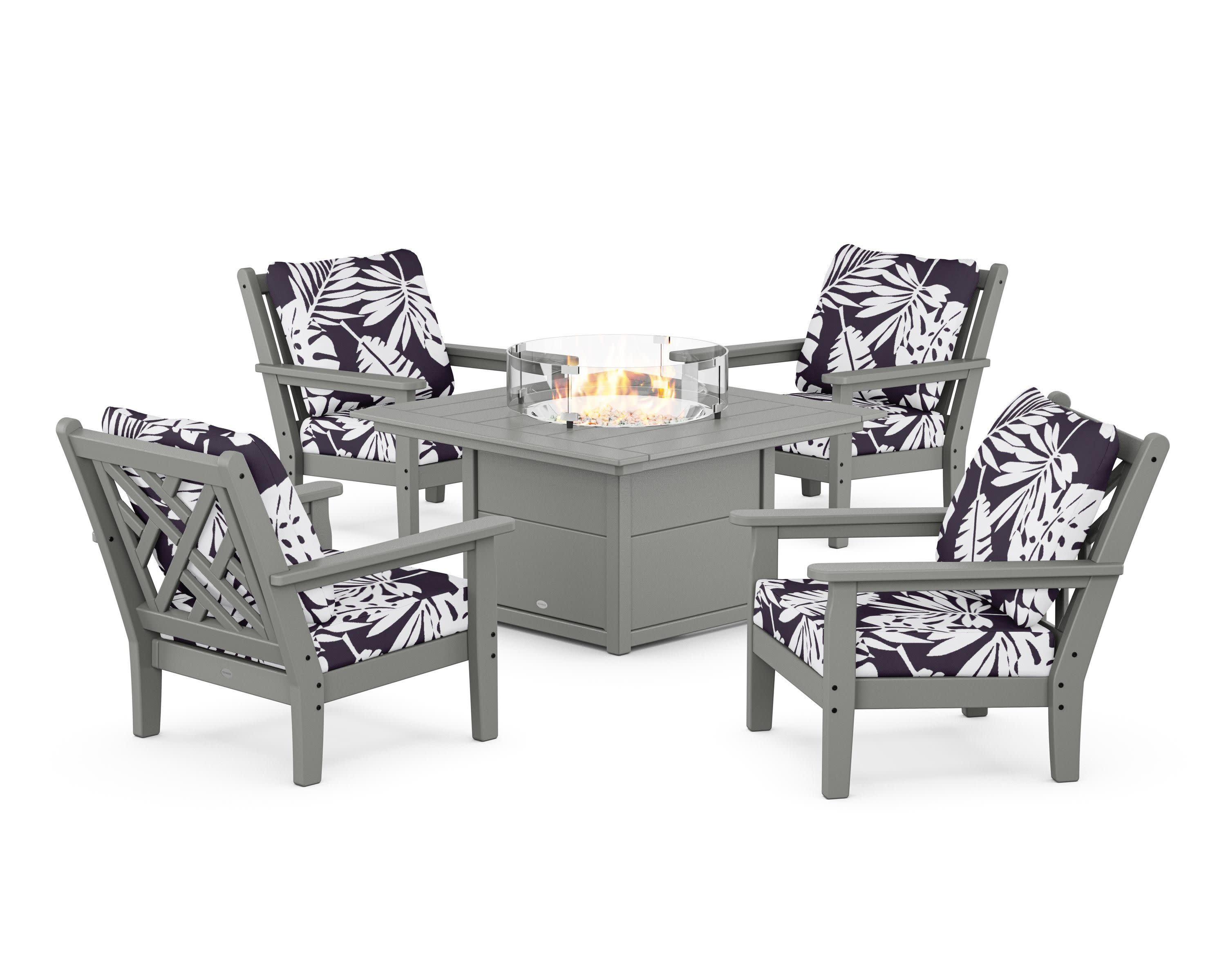 Chippendale 5-Piece Deep Seating Set with Fire Pit Table in Slate Grey / Leaf Navy
