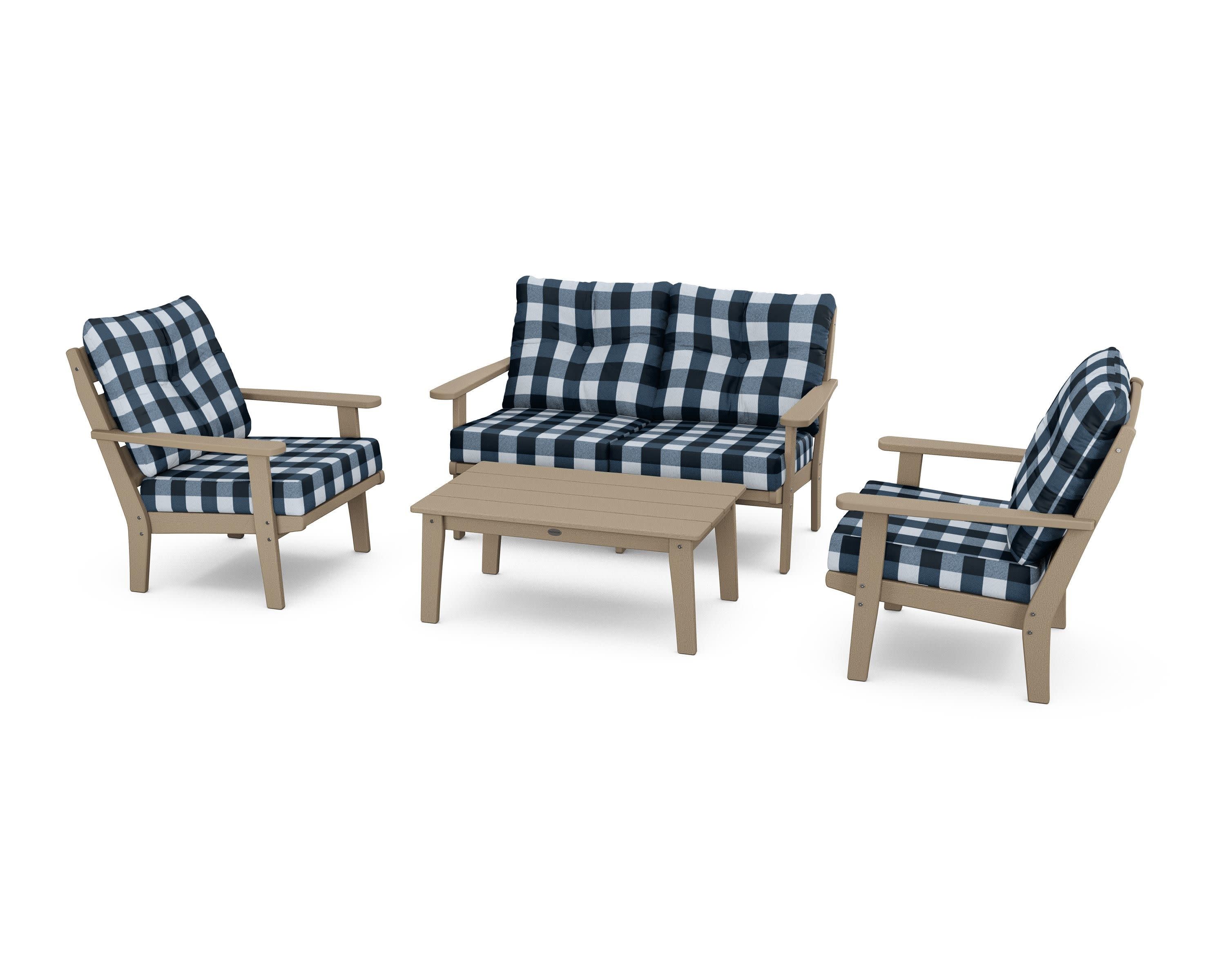 Lakeside 4-Piece Deep Seating Set in Vintage Sahara / Buffalo Plaid Marine Indigo