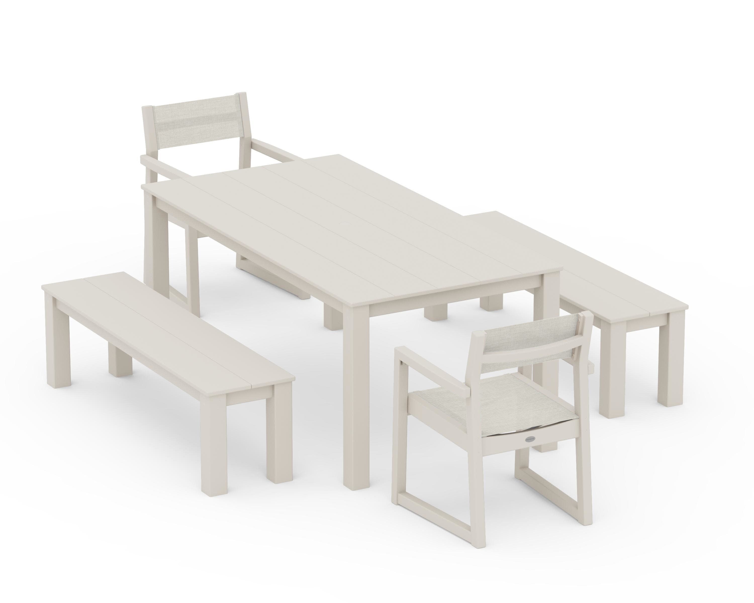 EDGE Sling Arm Chair 5-Piece Parsons Dining Set with Benches in Sand / Parchment Sling