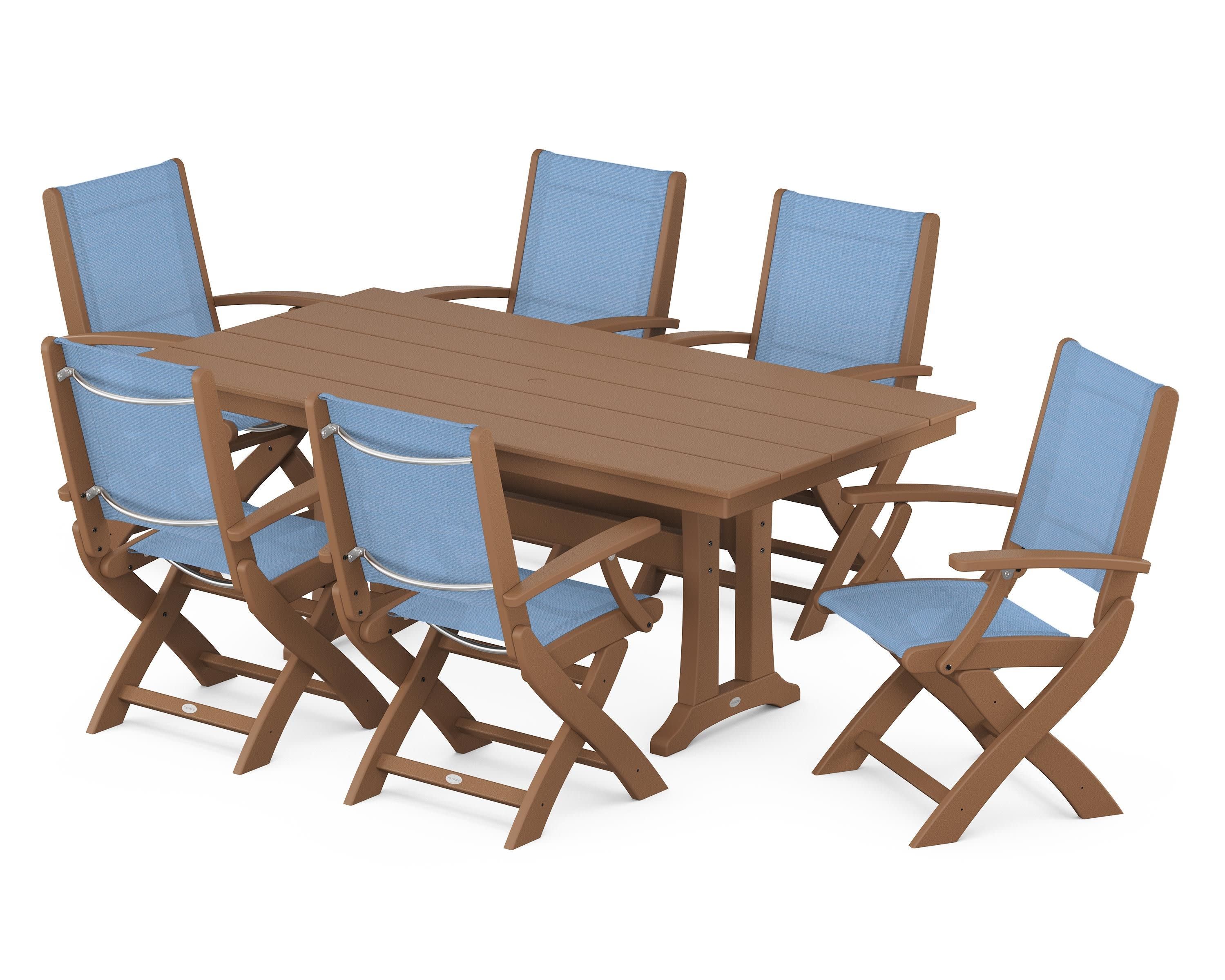 Coastal Folding Arm Chair 7-Piece Farmhouse Dining Set with Trestle Legs in Teak / Poolside Sling