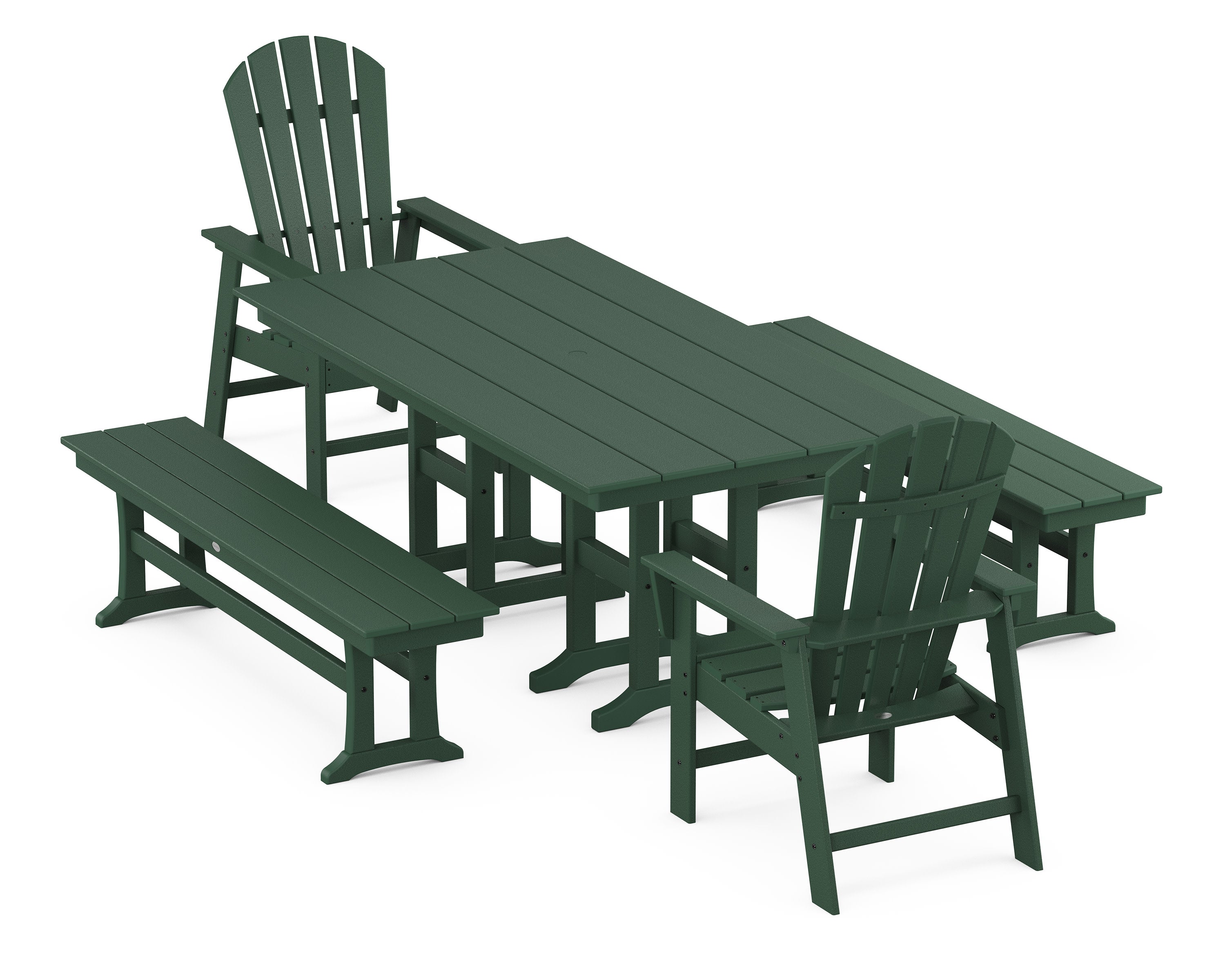 South Beach 5-Piece Farmhouse Dining Set with Benches in Green