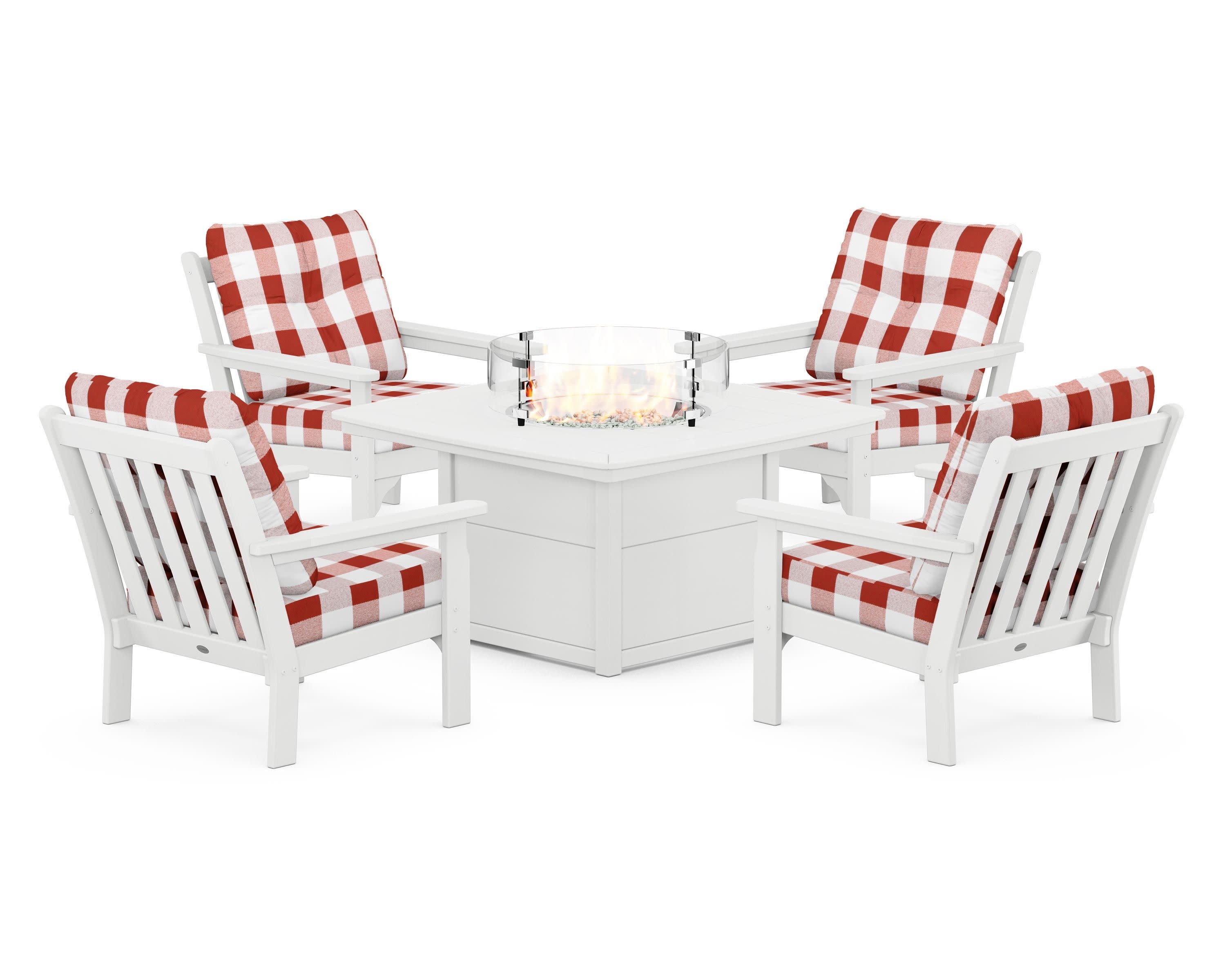 Vineyard 5-Piece Conversation Set with Fire Pit Table in White / Buffalo Plaid Crimson
