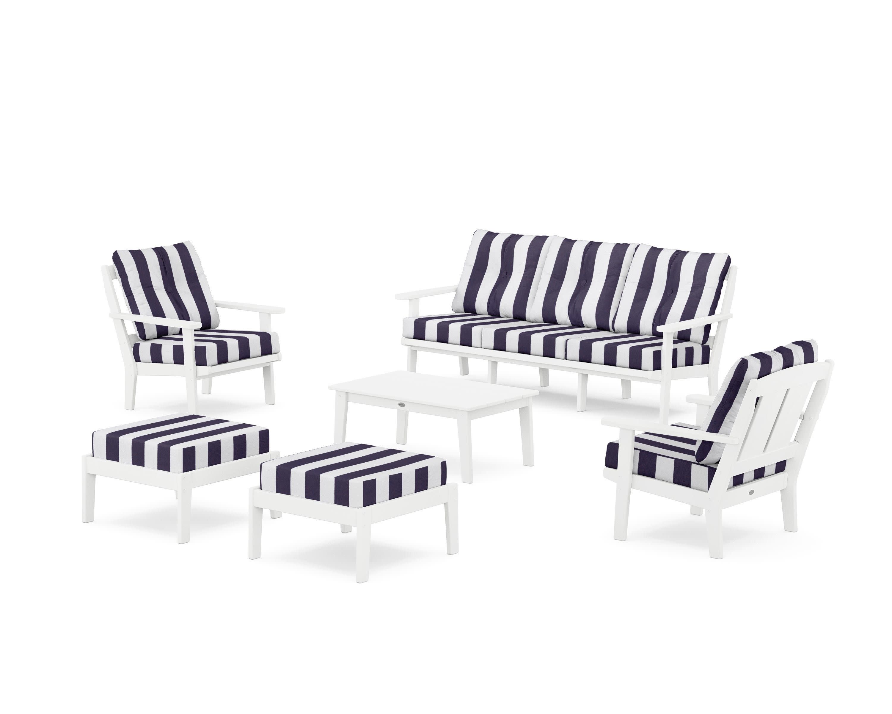 Mission 6-Piece Lounge Sofa Set in White / Cabana Stripe Navy
