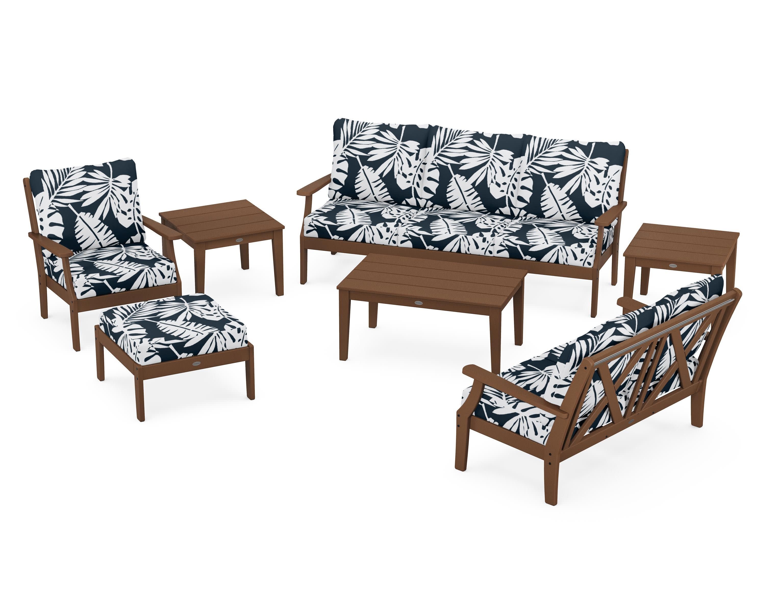 Braxton 7-Piece Deep Seating Set in Teak / Leaf Marine Indigo