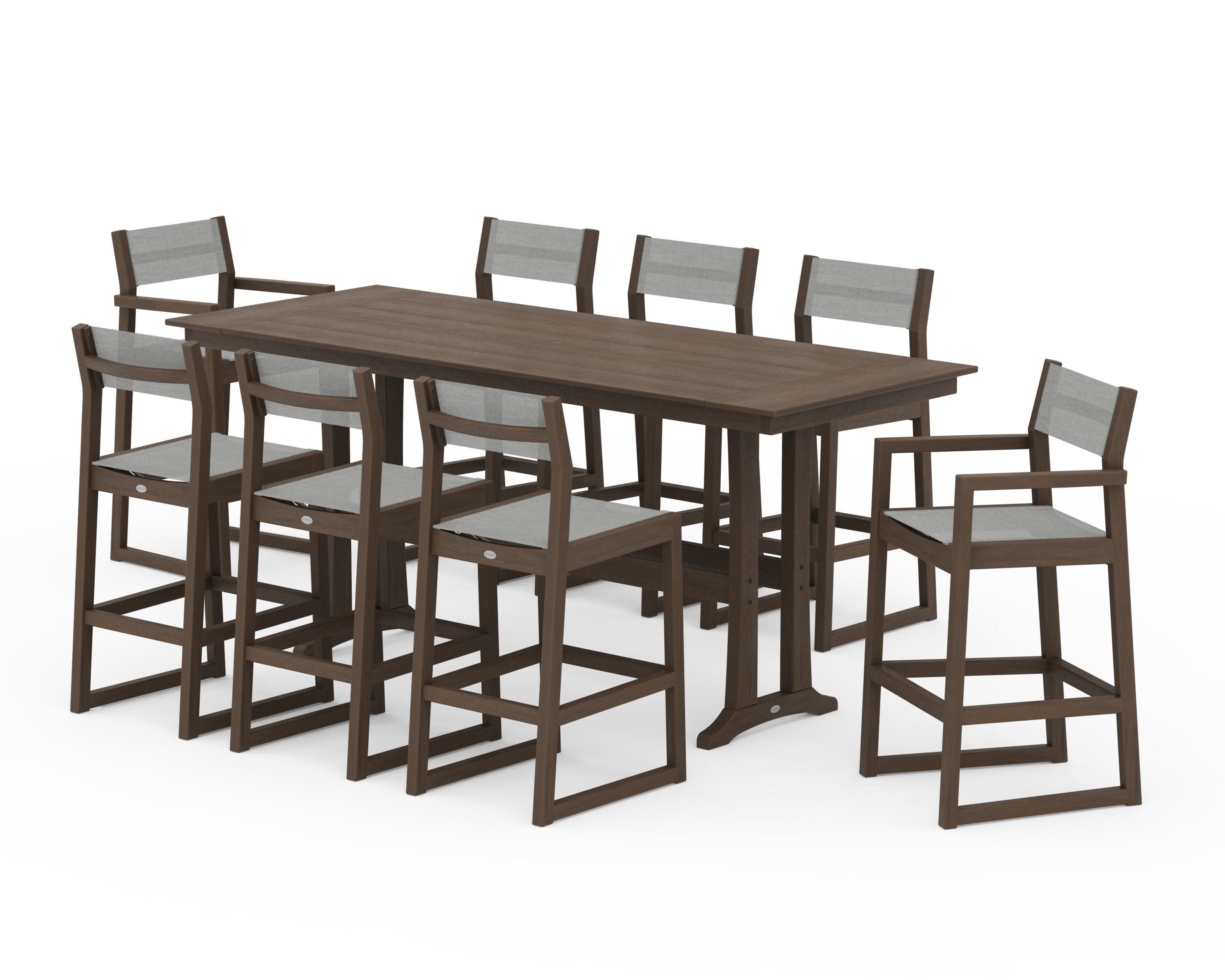 EDGE Sling 9-Piece Farmhouse Bar Set with Trestle Legs in Kona / Metallic Sling