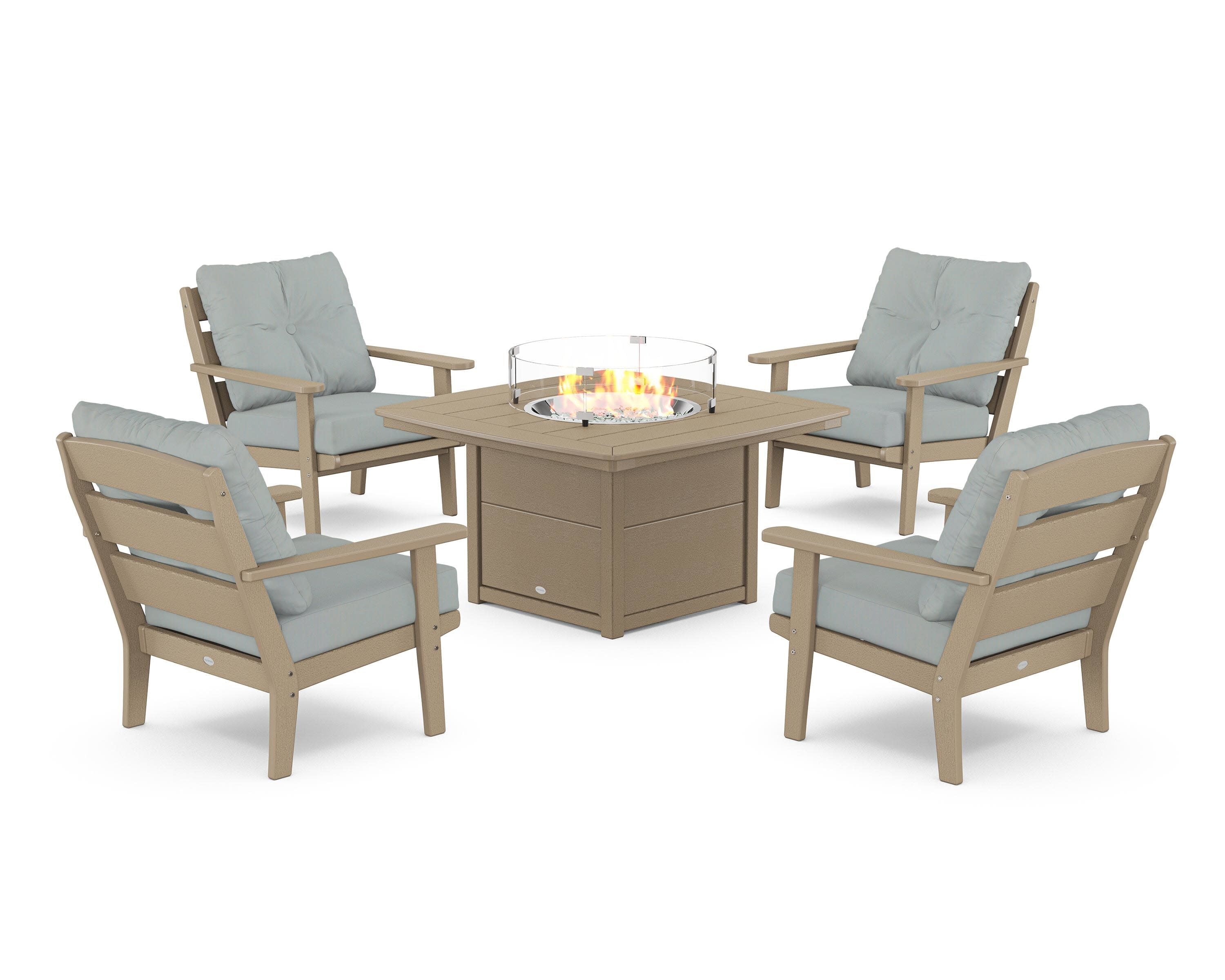 Lakeside 5-Piece Deep Seating Set with Nautical Fire Pit Table in Vintage Sahara / Spa