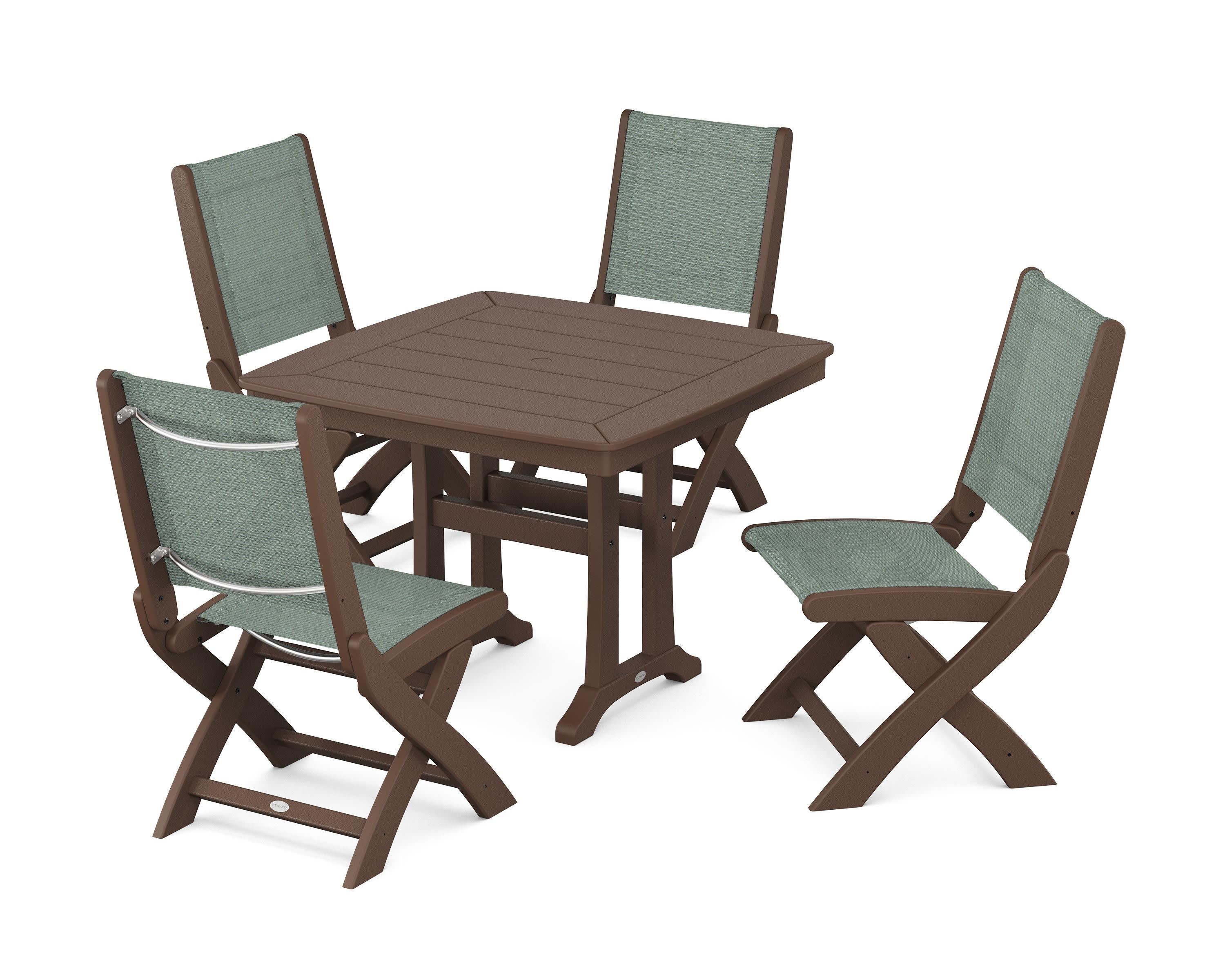 Coastal Folding Side Chair 5-Piece Dining Set with Trestle Legs in Mahogany / Dupioni Sea Mist Sling