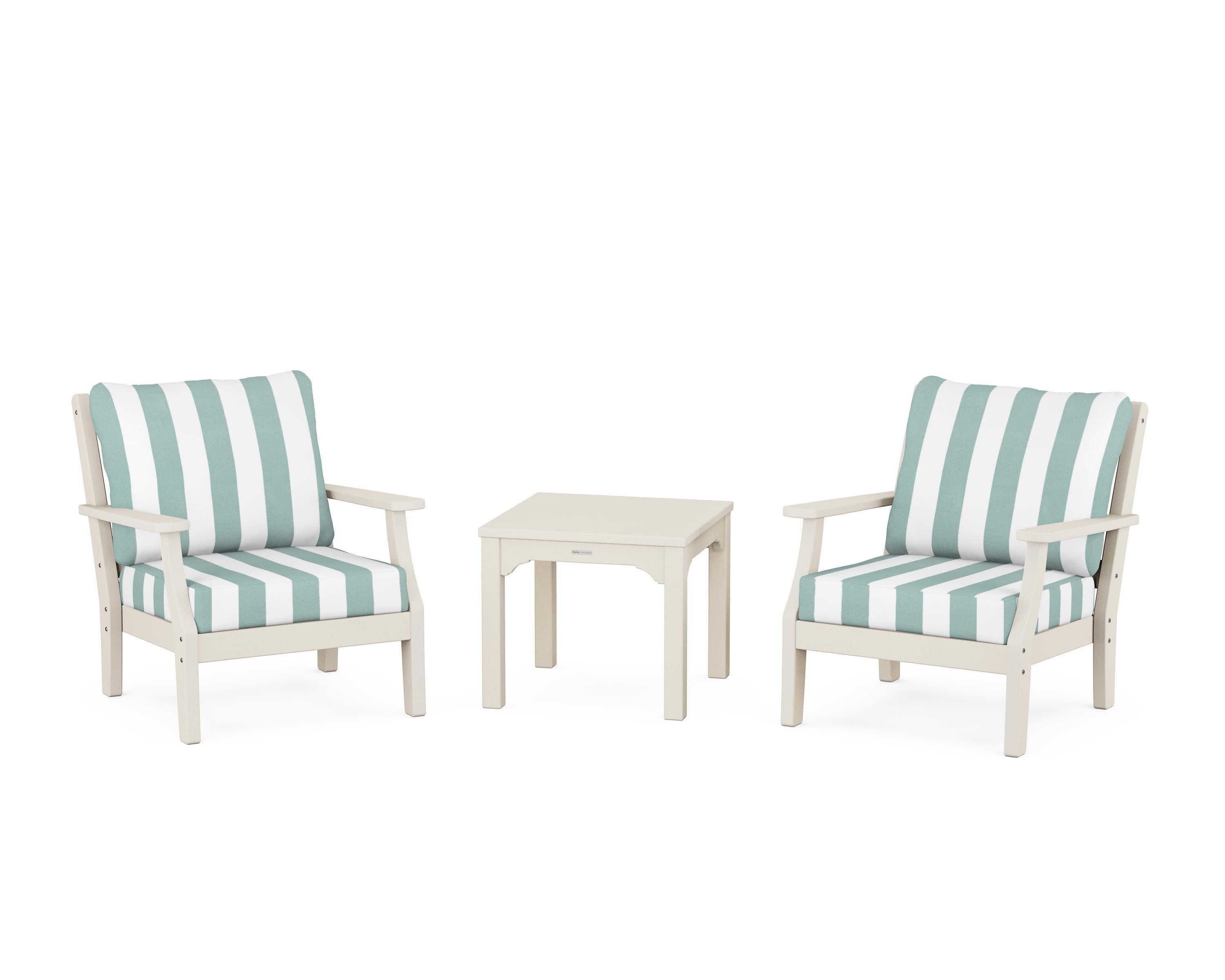 Chinoiserie 3-Piece Deep Seating Set in Sand / Cabana Stripe Glacier Spa