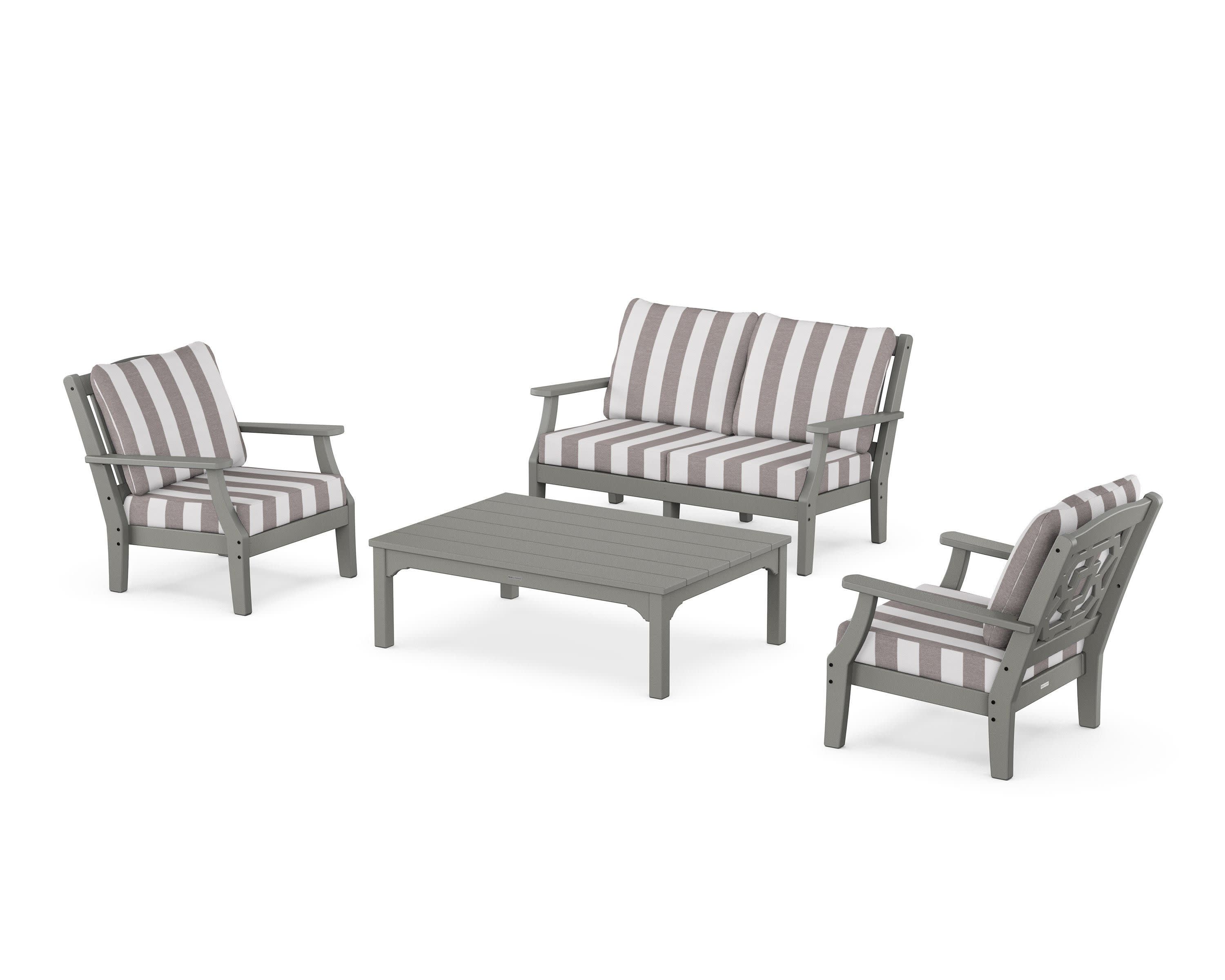 Chinoiserie 4-Piece Deep Seating Set with Loveseat in Slate Grey / Cabana Stripe Grey Mist