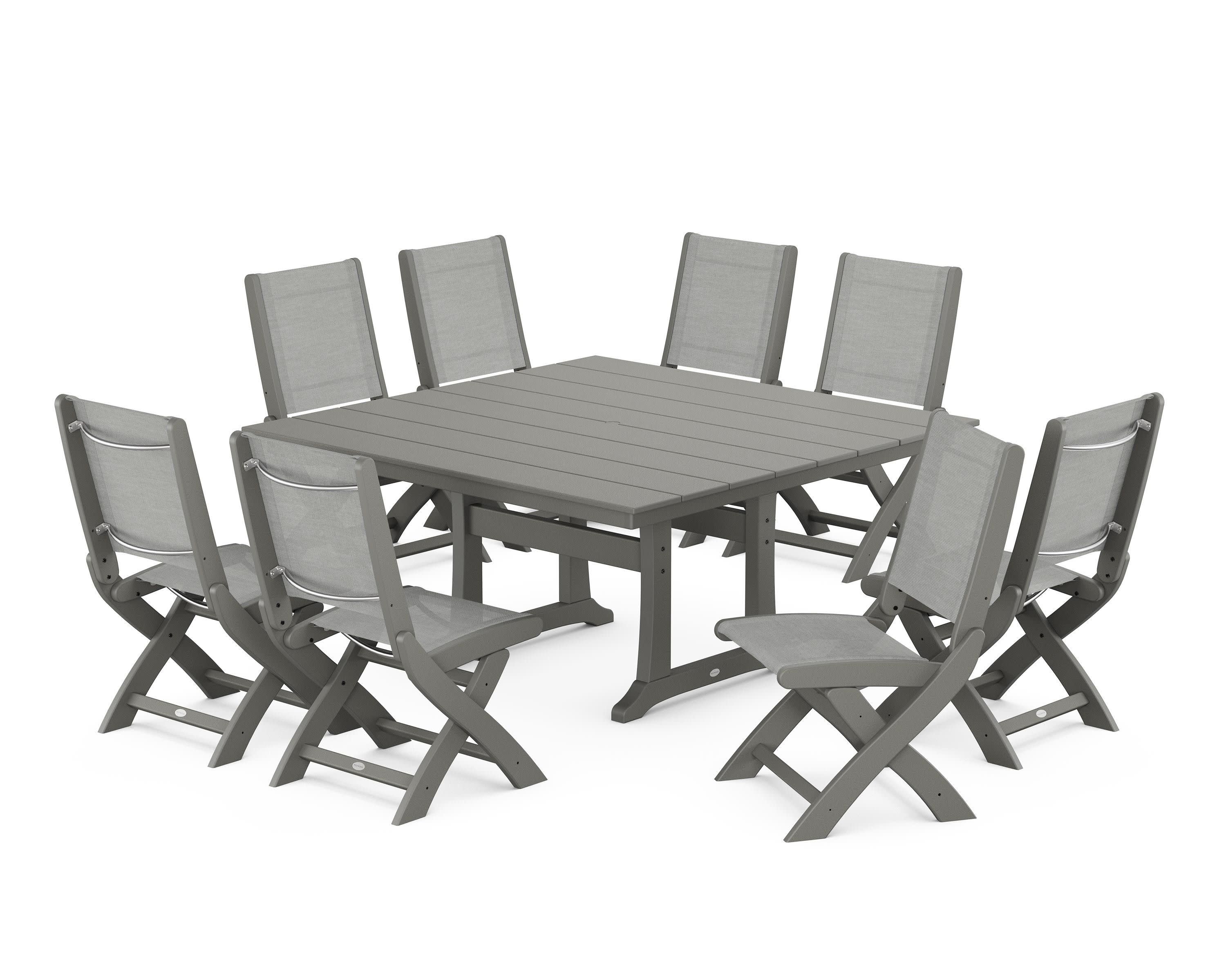 Coastal Folding Side Chair 9-Piece Farmhouse Dining Set in Slate Grey / Metallic Sling