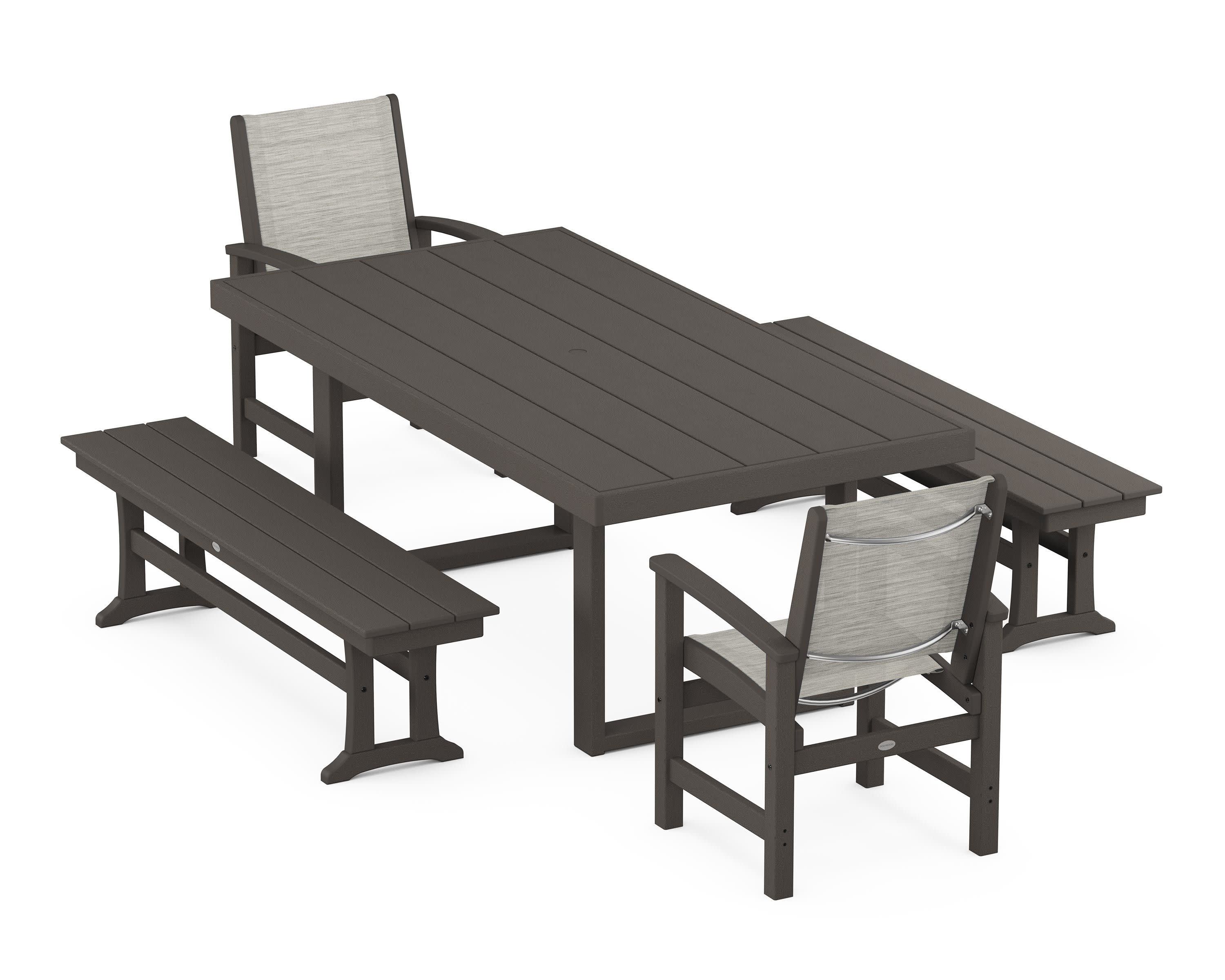 Coastal 5-Piece Dining Set with Trestle Legs in Vintage Coffee / Birch Sling