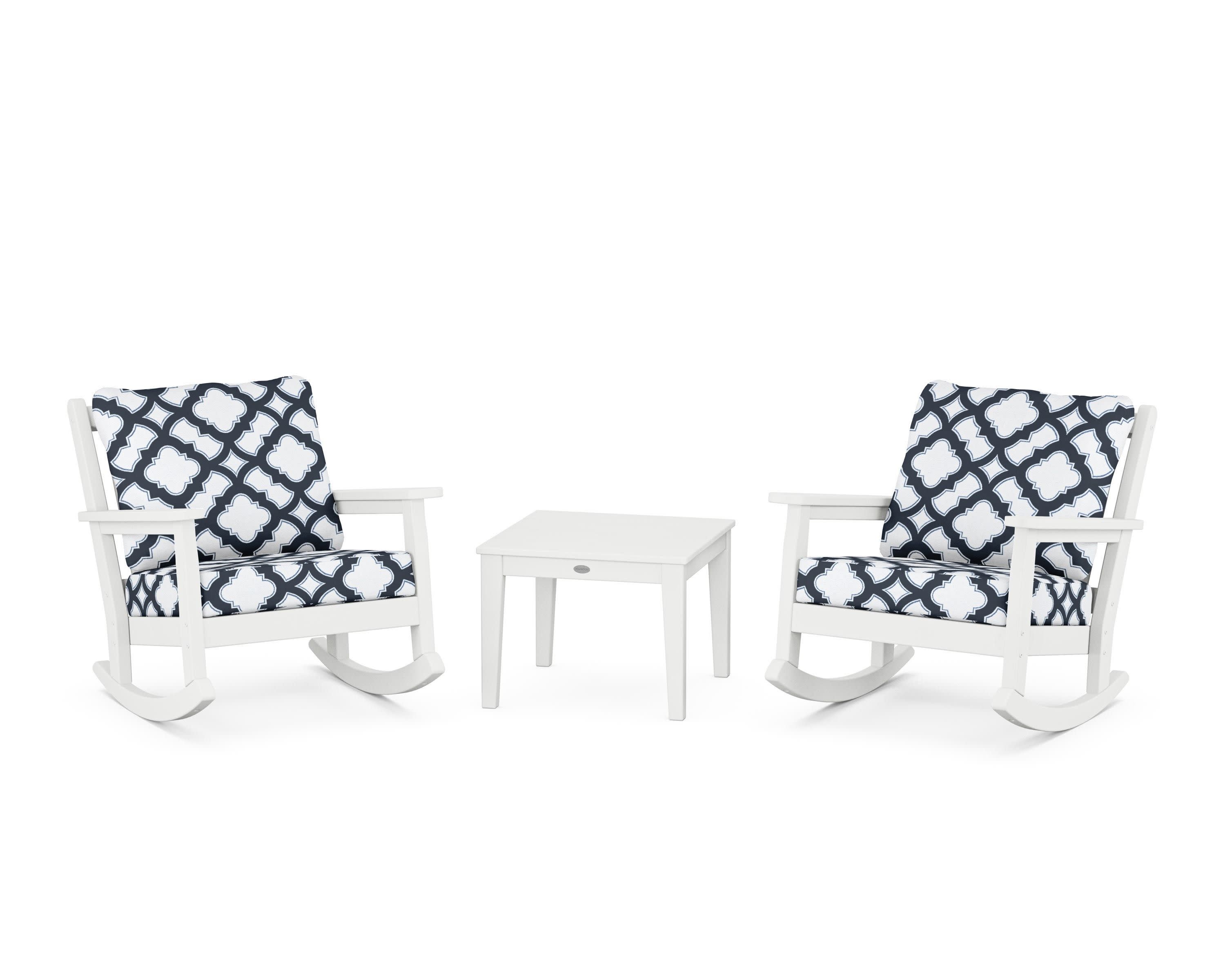 Chippendale 3-Piece Deep Seating Rocker Set in White / Trellis Marine Indigo