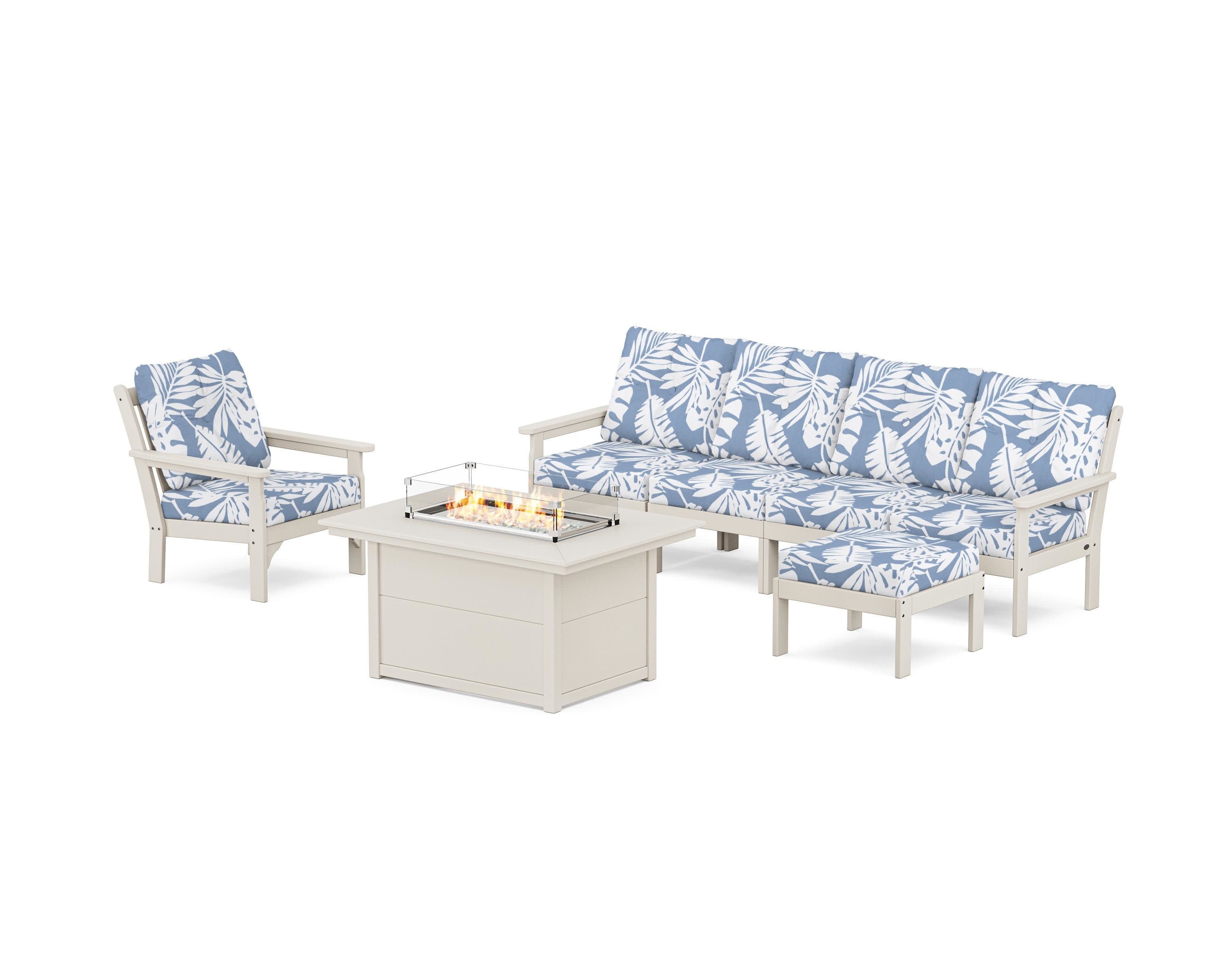 Vineyard Sectional Lounge and Fire Pit Set in Sand / Leaf Sky Blue