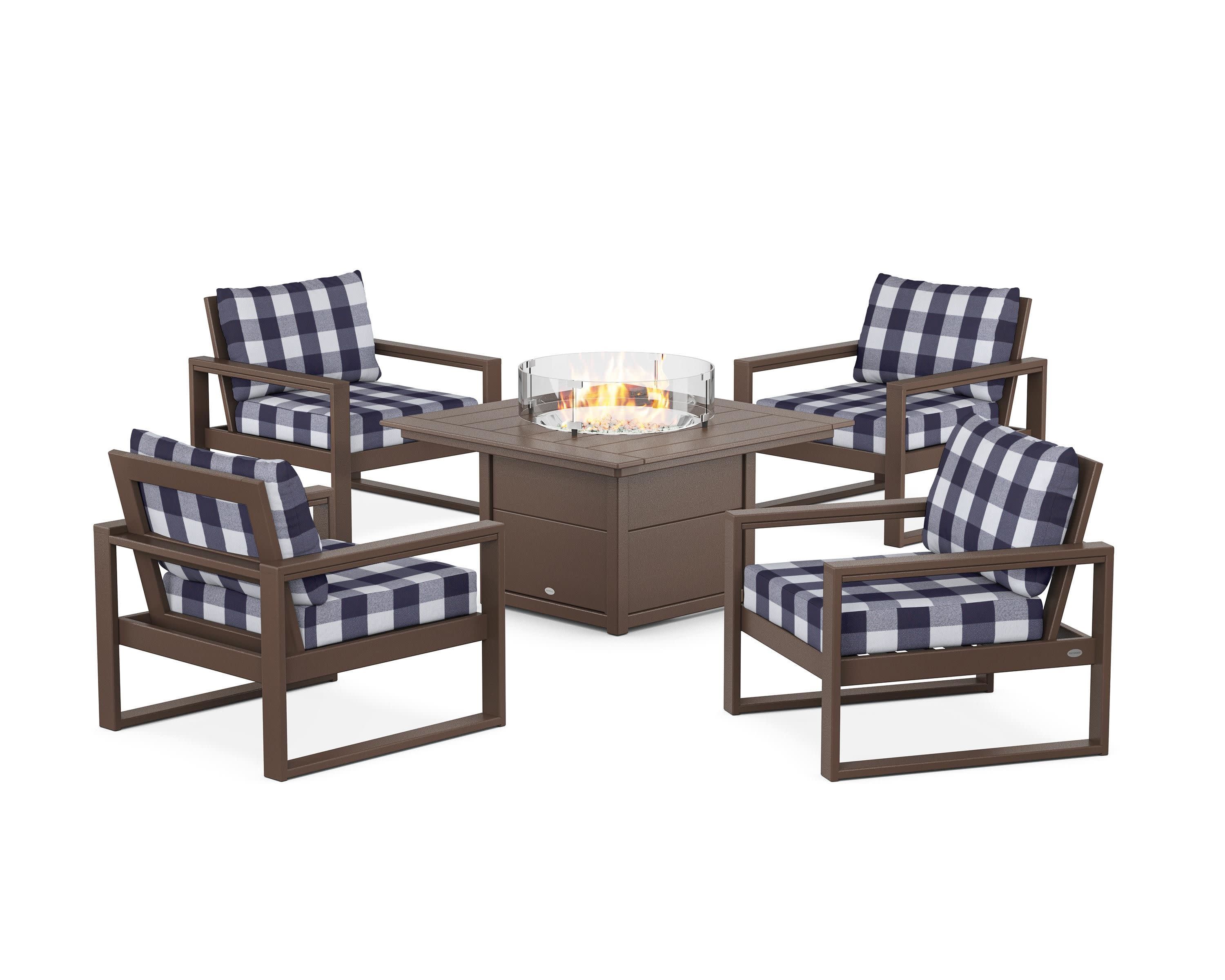 EDGE Sectional 5-Piece Deep Seating Set with Fire Pit Table in Mahogany / Buffalo Plaid Navy