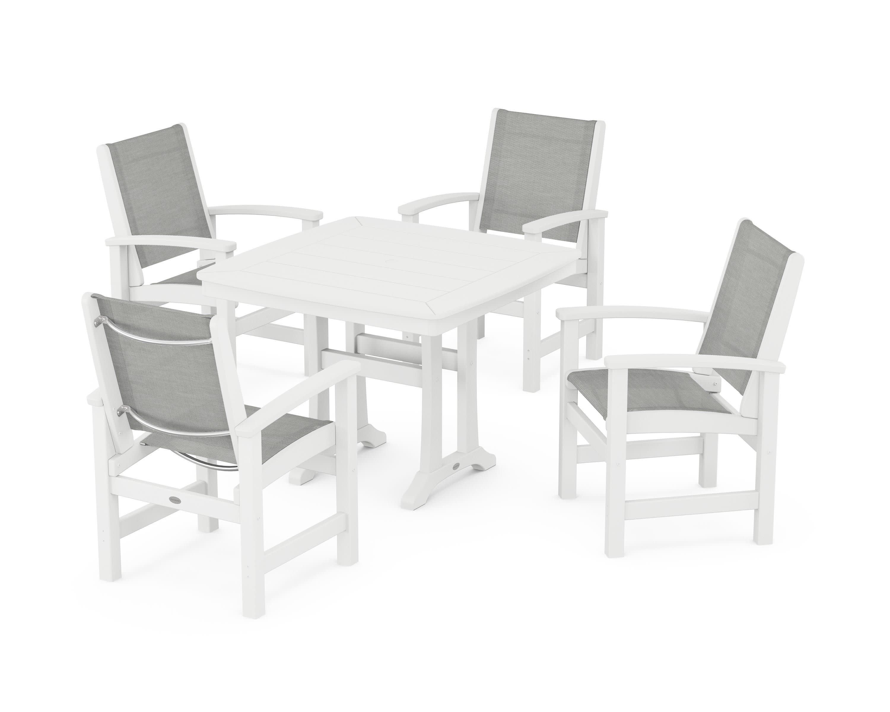 Coastal 5-Piece Dining Set with Trestle Legs in White / Metallic Sling