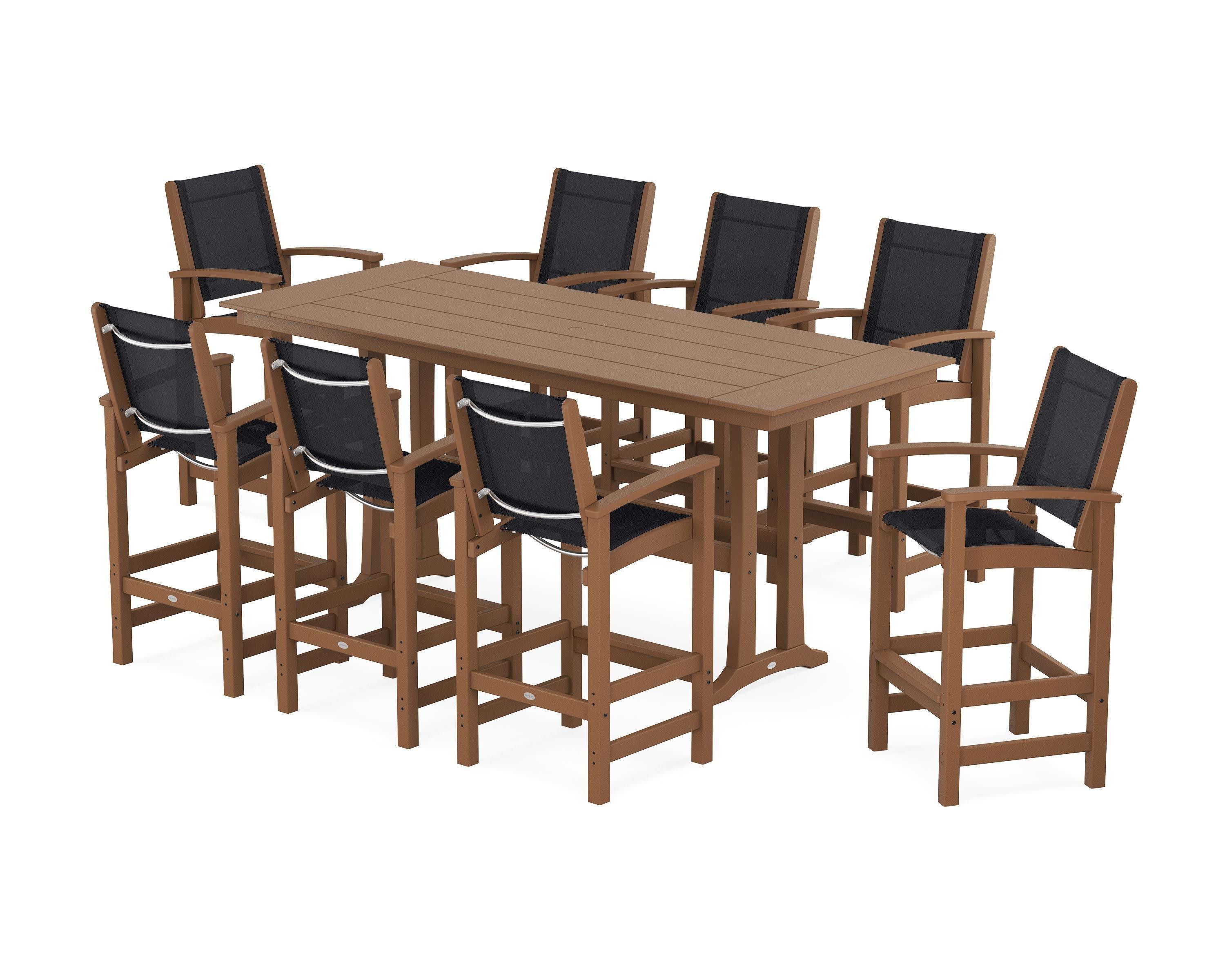 Coastal 9-Piece Farmhouse Bar Set with Trestle Legs in Teak / Black Sling