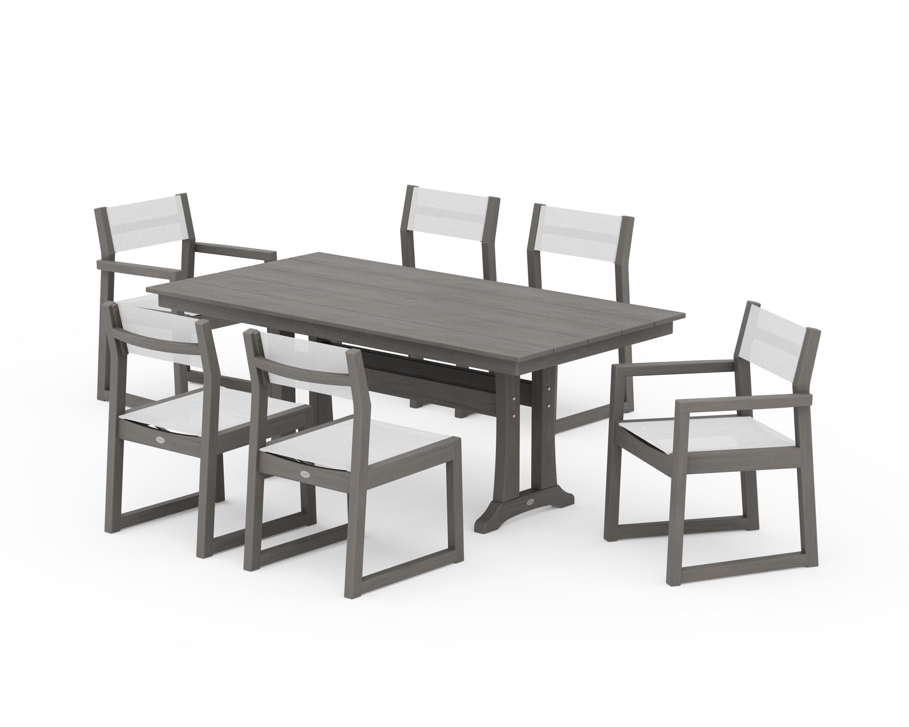 EDGE Sling 7-Piece Farmhouse Trestle Dining Set in Driftwood / White Sling