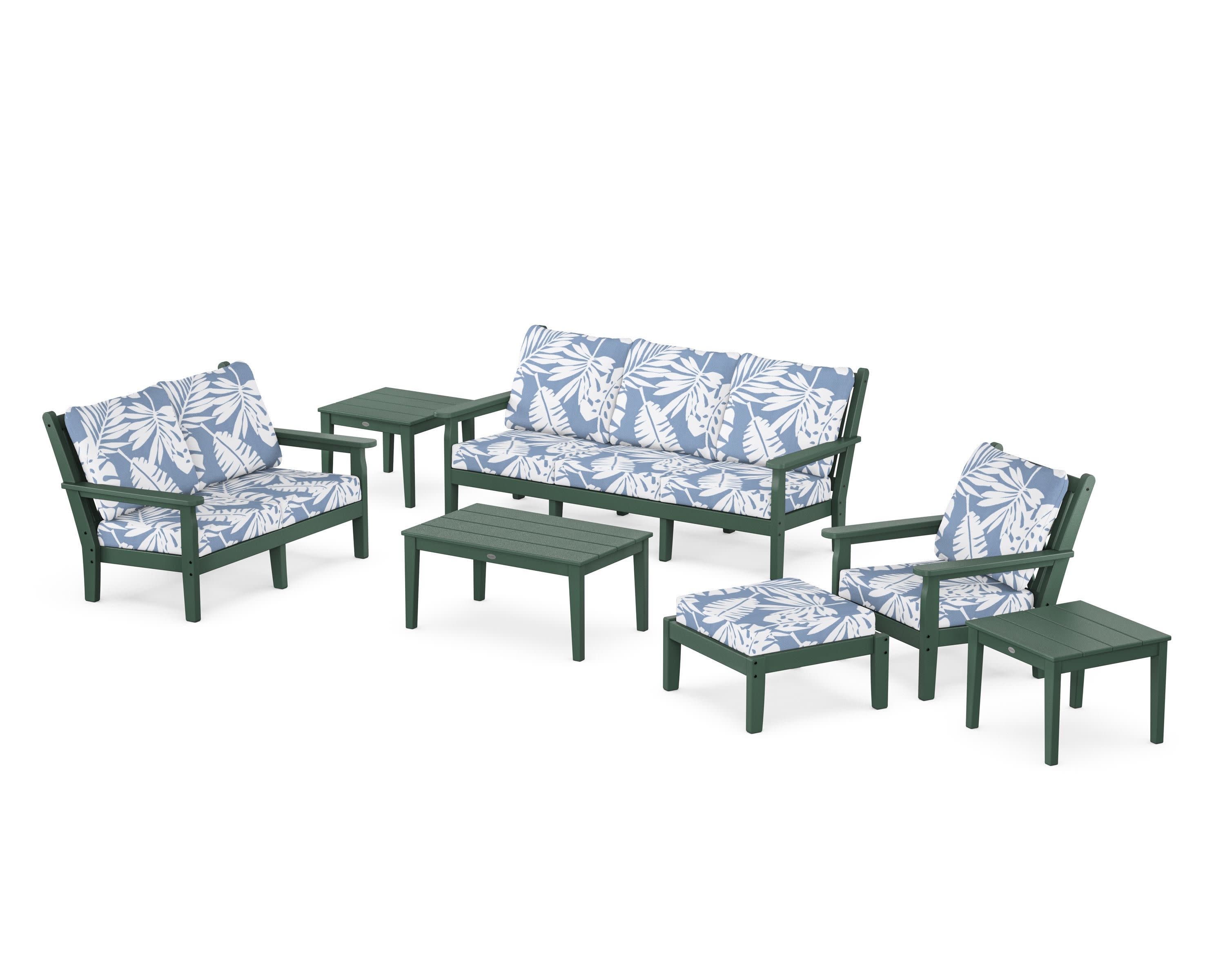 Chippendale 7-Piece Deep Seating Set in Green / Leaf Sky Blue