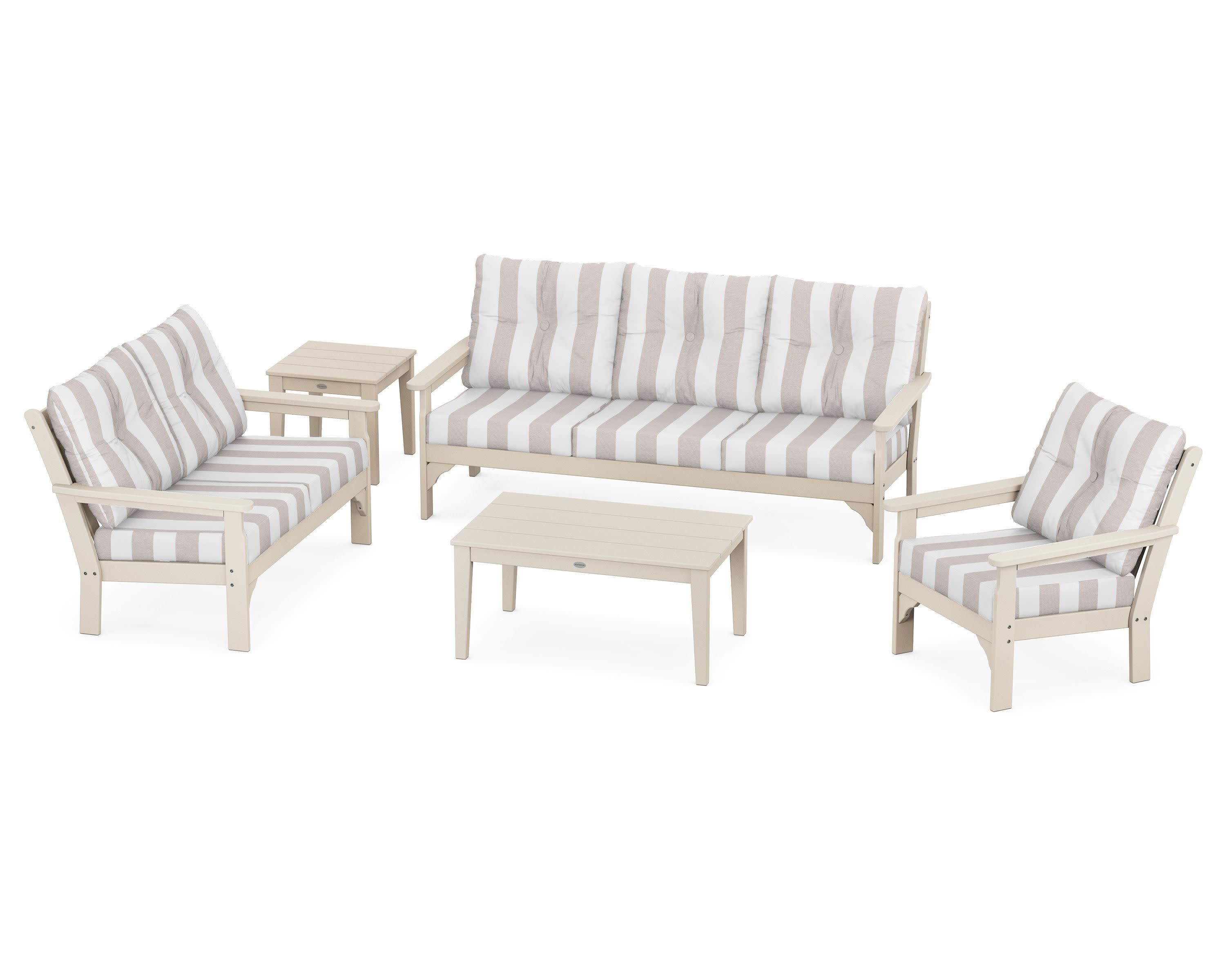 Vineyard 5 Piece Deep Seating Set in Sand / Cabana Stripe Dune Burlap