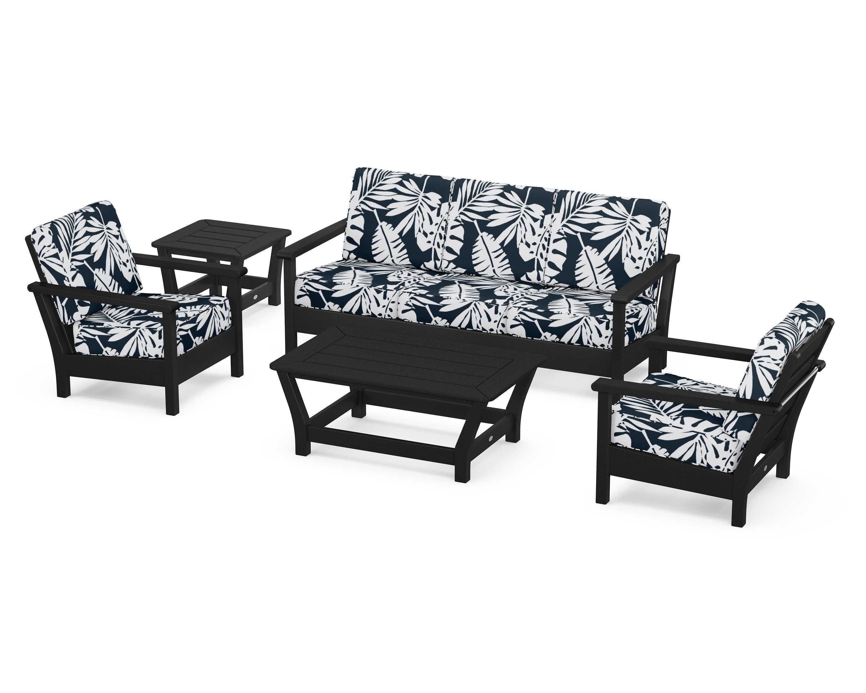 Harbour 5-Piece Deep Seating Set in Black / Leaf Marine Indigo